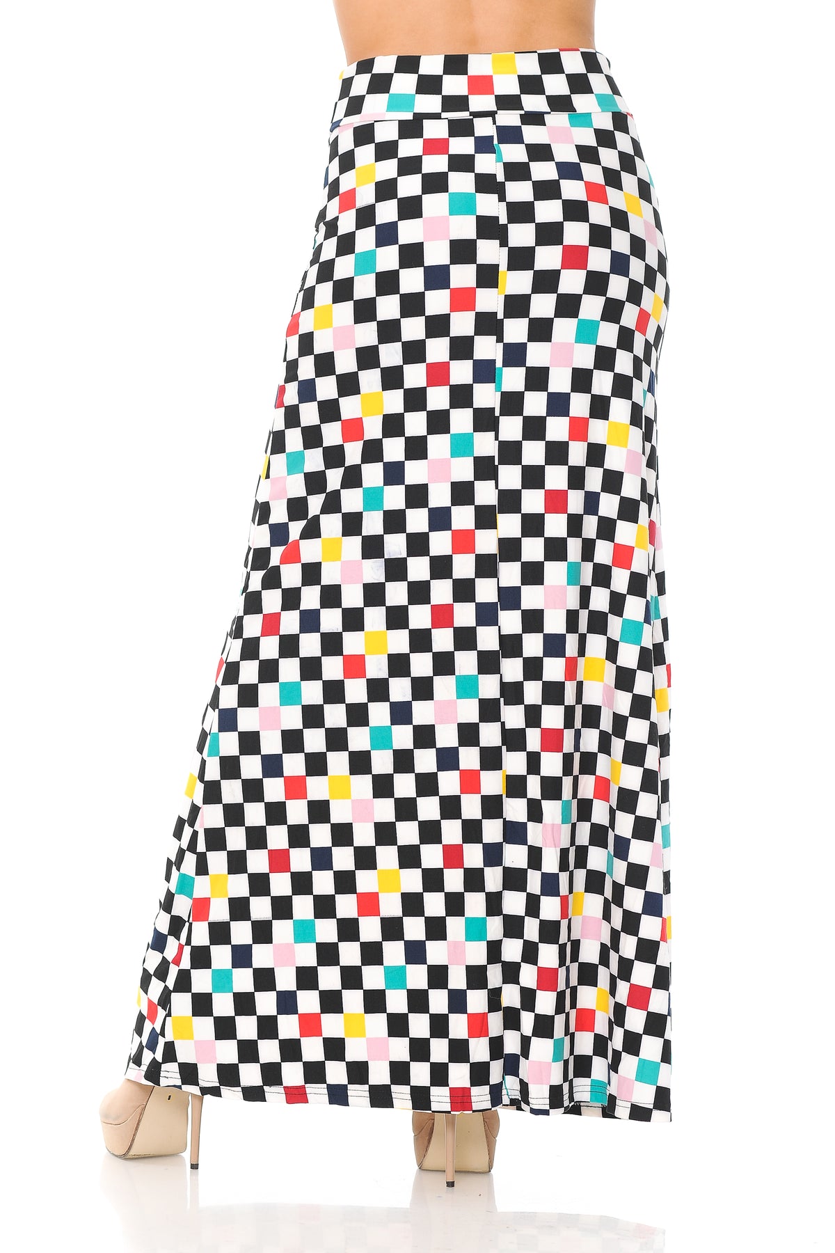 Buttery Soft Color Accent Checkered Maxi Skirt (One Size Regular,White)