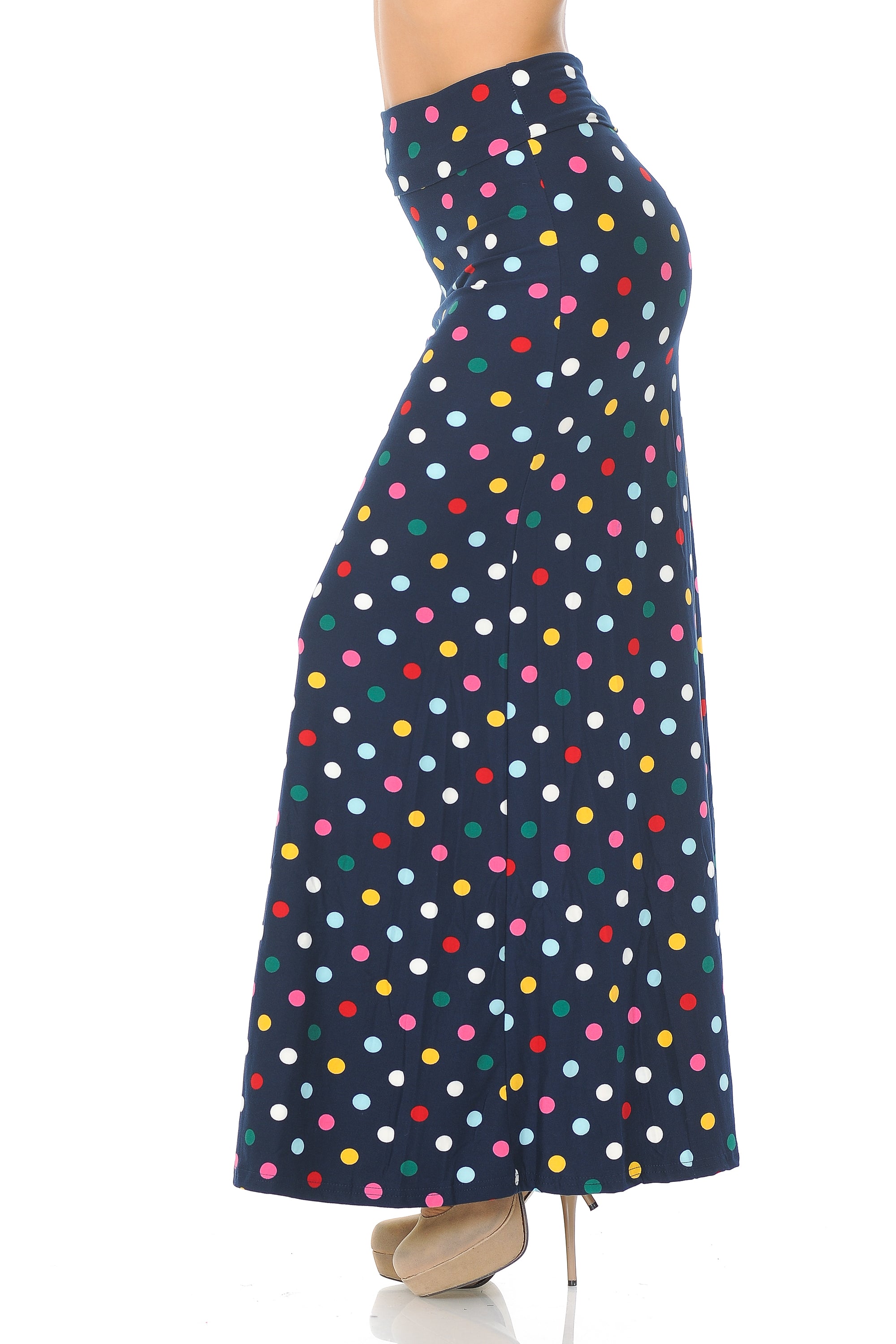 Buttery Soft Colorful Polka Dot Plus Size Maxi Skirt (One Size Plus,Navy)