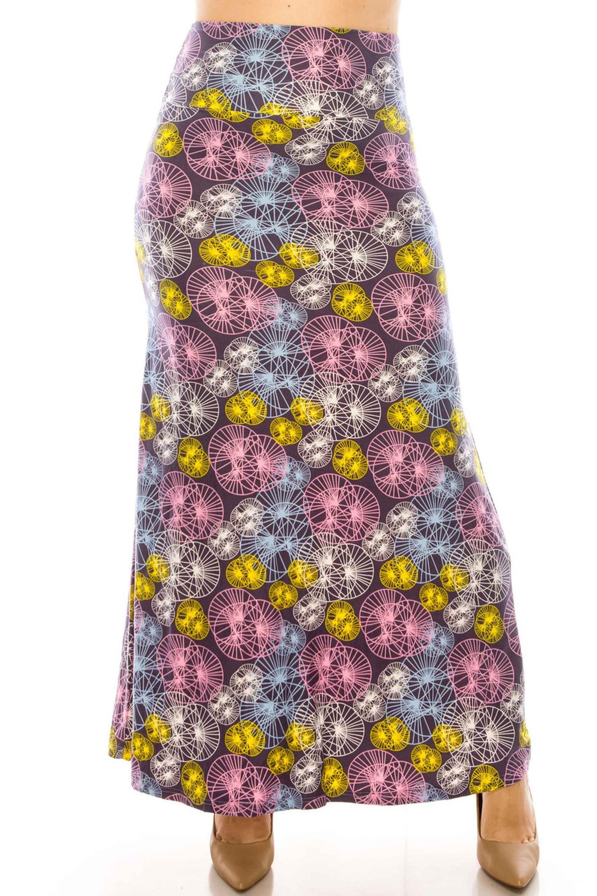 Buttery Soft Geometric Spindles Plus Size Maxi Skirt (One Size Plus,Multi Color Pastel)
