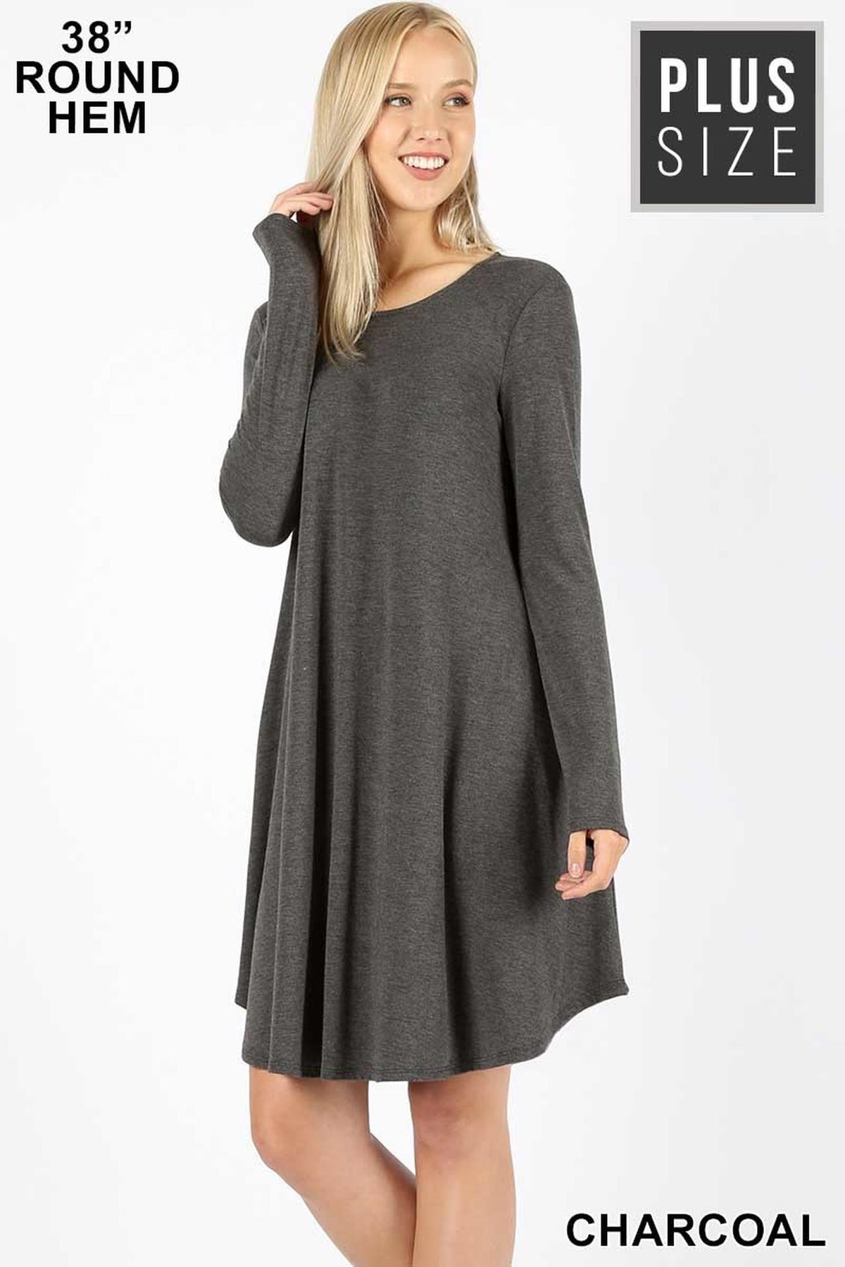 Premium Long Sleeve A-Line Round Hem Plus Size Rayon Tunic with Pockets