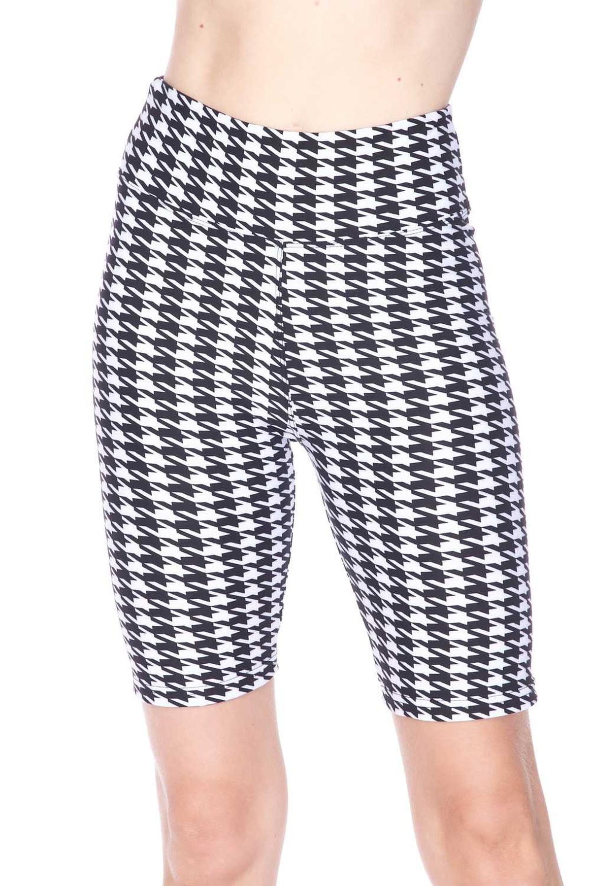 Buttery Soft Houndstooth Biker Shorts - 3 Inch Waist Band (One Size Regular,White)