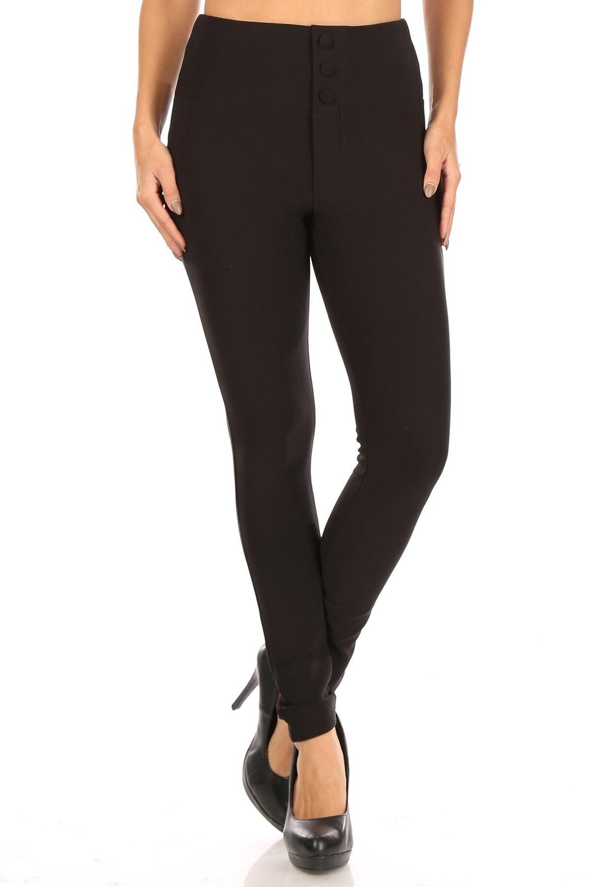 Black Button Front High Waisted Body Sculpting Treggings