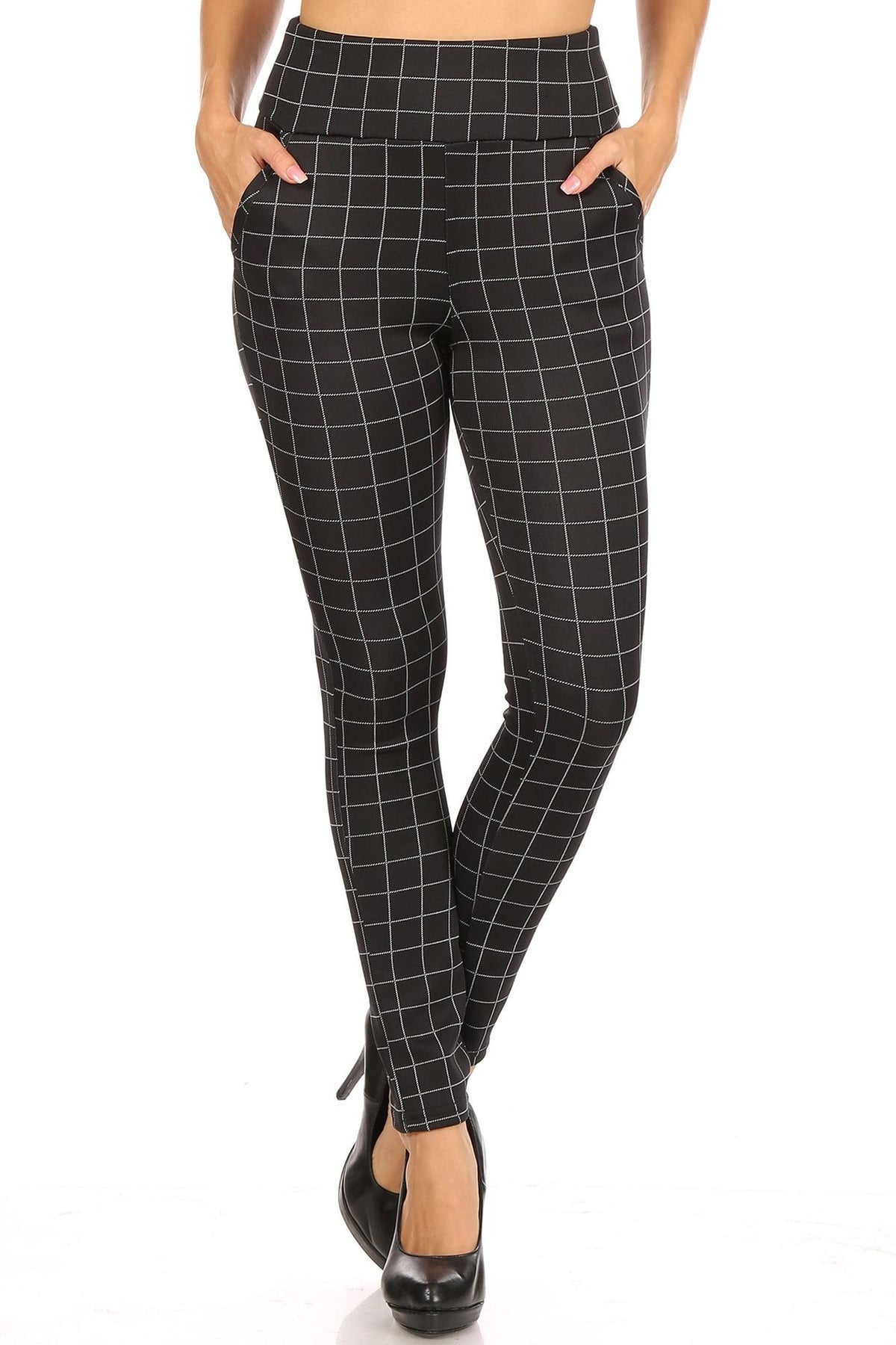 Black and White Grid Print High Waisted Body Sculpting Treggings with Pockets