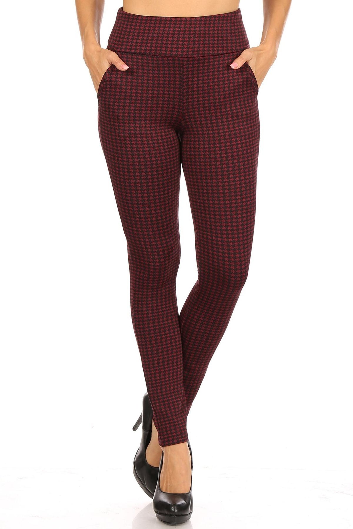Burgundy Houndstooth High Waisted Body Sculpting Treggings with Pockets