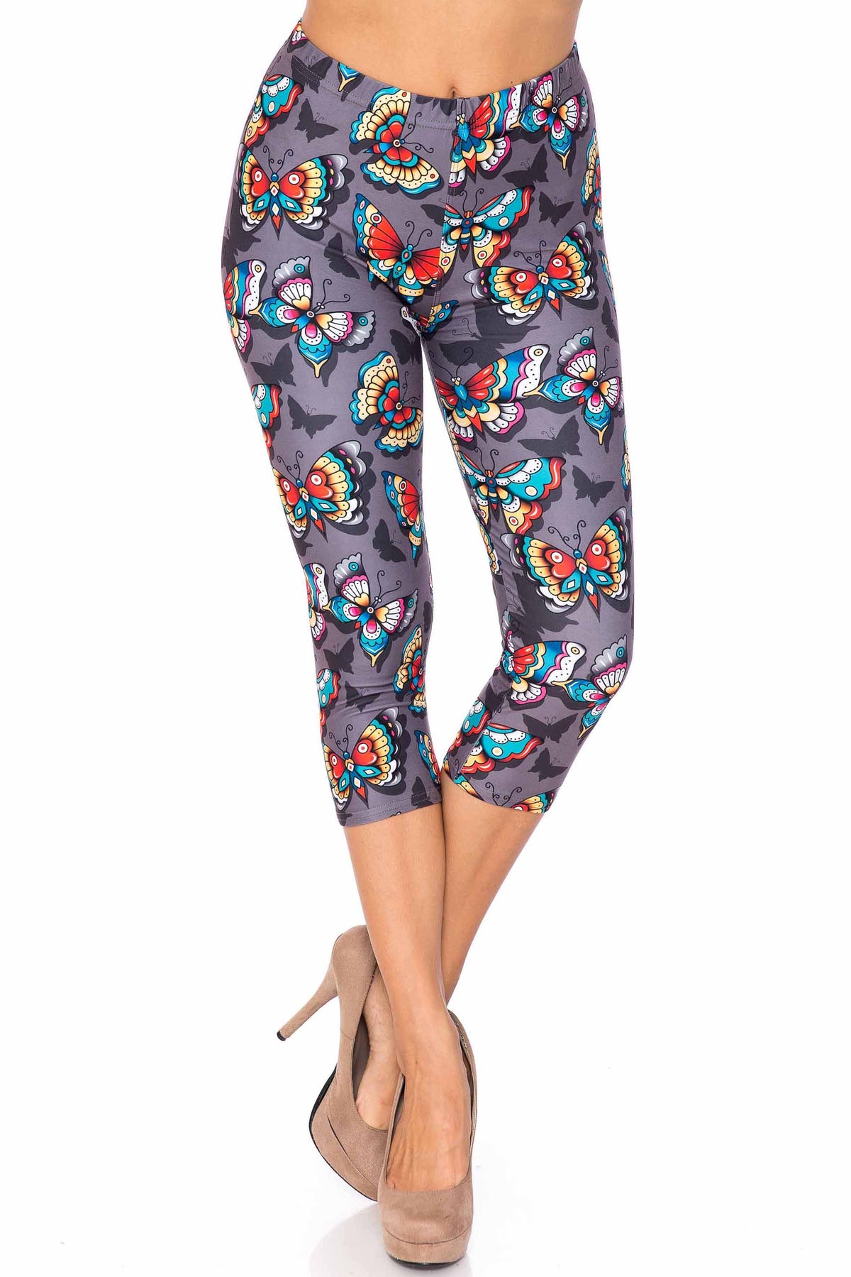 Creamy Soft Jewel Tone Butterfly Plus Size Capris - USA Fashion (One Size Plus,Charcoal)
