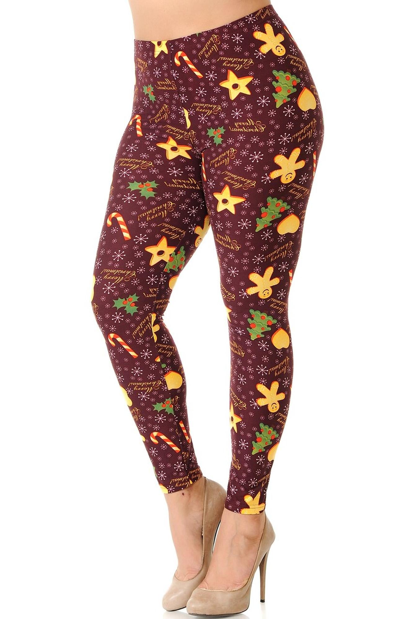 Buttery Soft Merry Christmas Treats and Cookies Plus Size Leggings (One Size Plus,Burgundy)