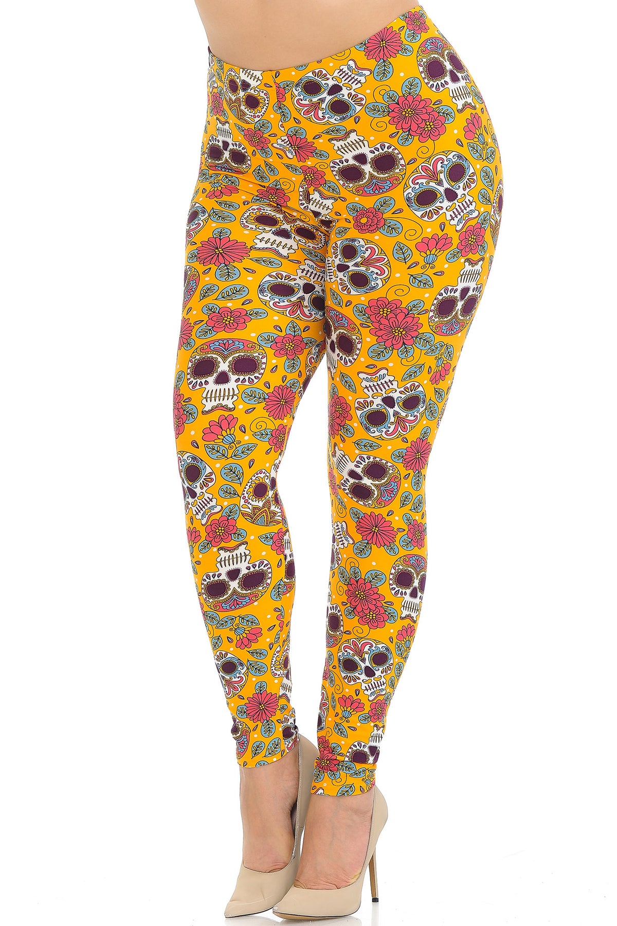 Buttery Soft Mustard Summer Sugar Skull Plus Size Leggings (One Size Plus,Yellow)