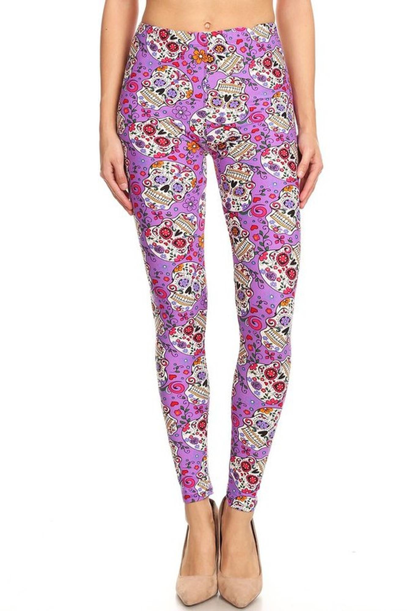 Buttery Soft Plus Size Purple Sugar Skull Leggings (One Size Plus,Purple)