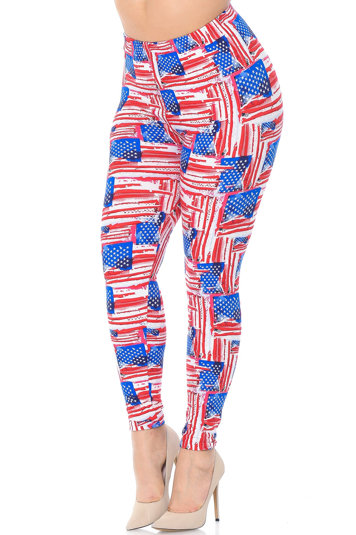 Buttery Soft Watercolor USA Flag Plus Size Leggings (One Size Plus,Red)