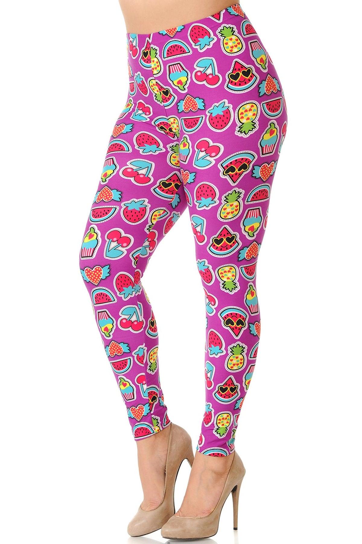 Buttery Soft Cartoon Fruit Plus Size Leggings (One Size Plus,Fuchsia)