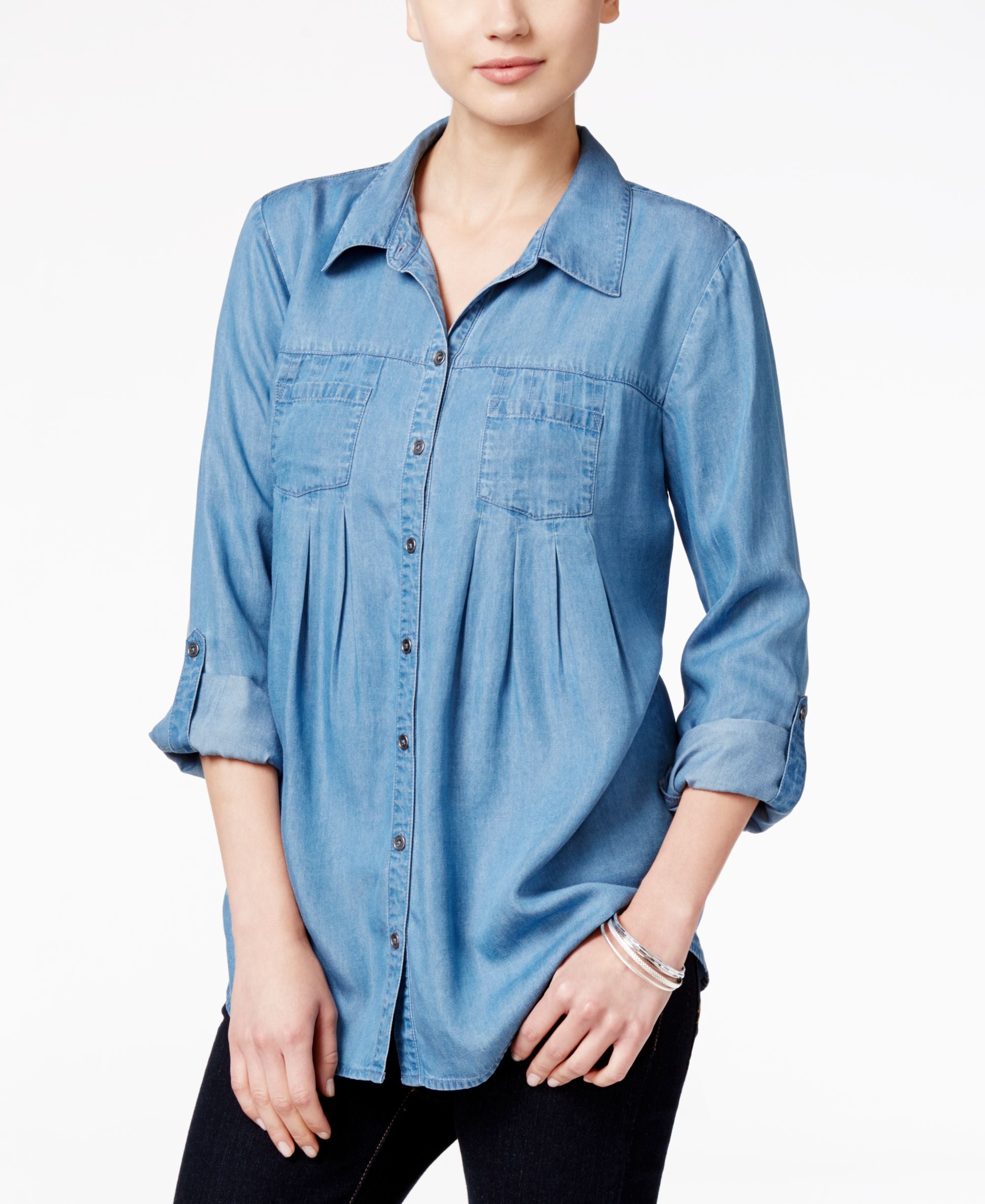 Style & Co Petite Denim Roll Tab Shirt