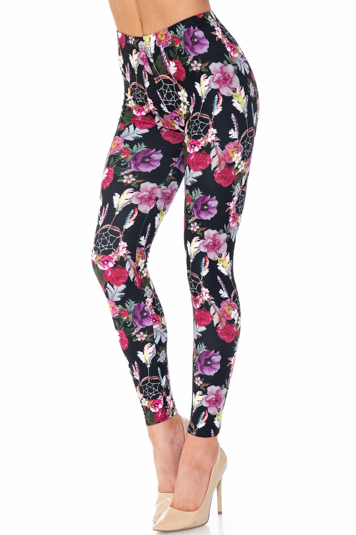 Creamy Soft Floral Dreamcatcher Plus Size Leggings - USA Fashion (One Size Plus,Black)