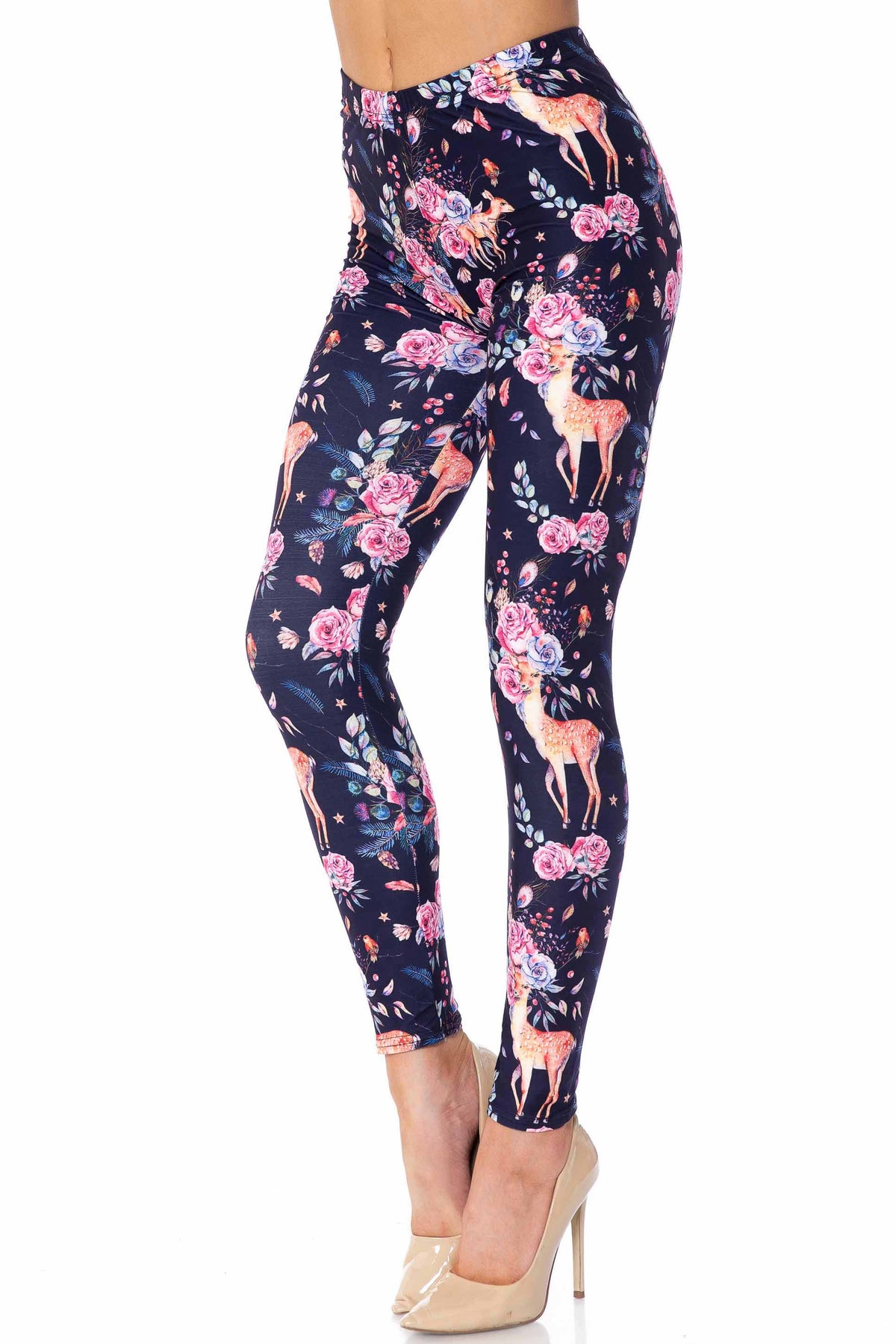 Creamy Soft Woodland Floral Fawn Plus Size Leggings - USA Fashion (One Size Plus,Black)