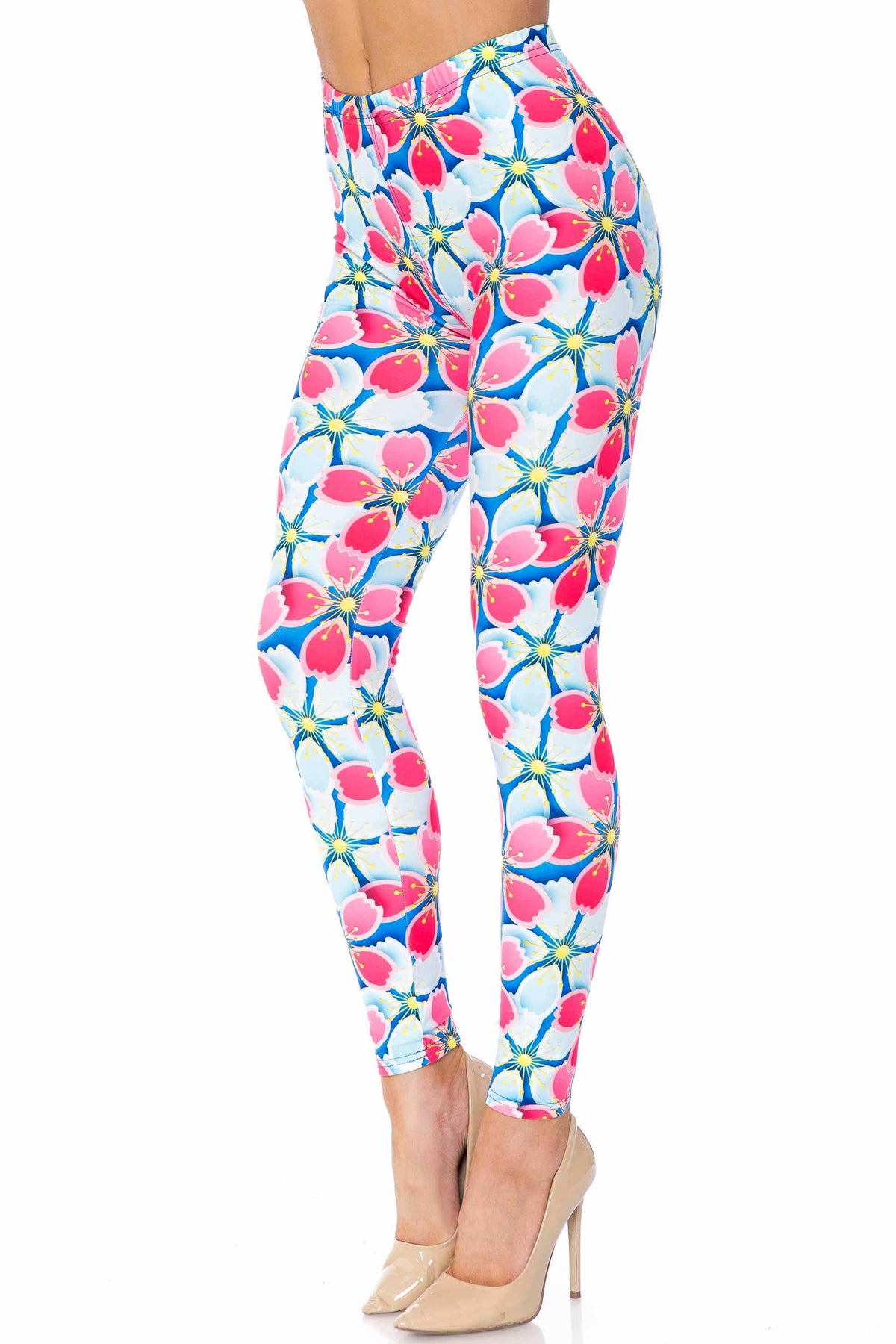Creamy Soft Pink and Blue Sunshine Floral Plus Size Leggings - USA Fashion (One Size Plus,Pink)