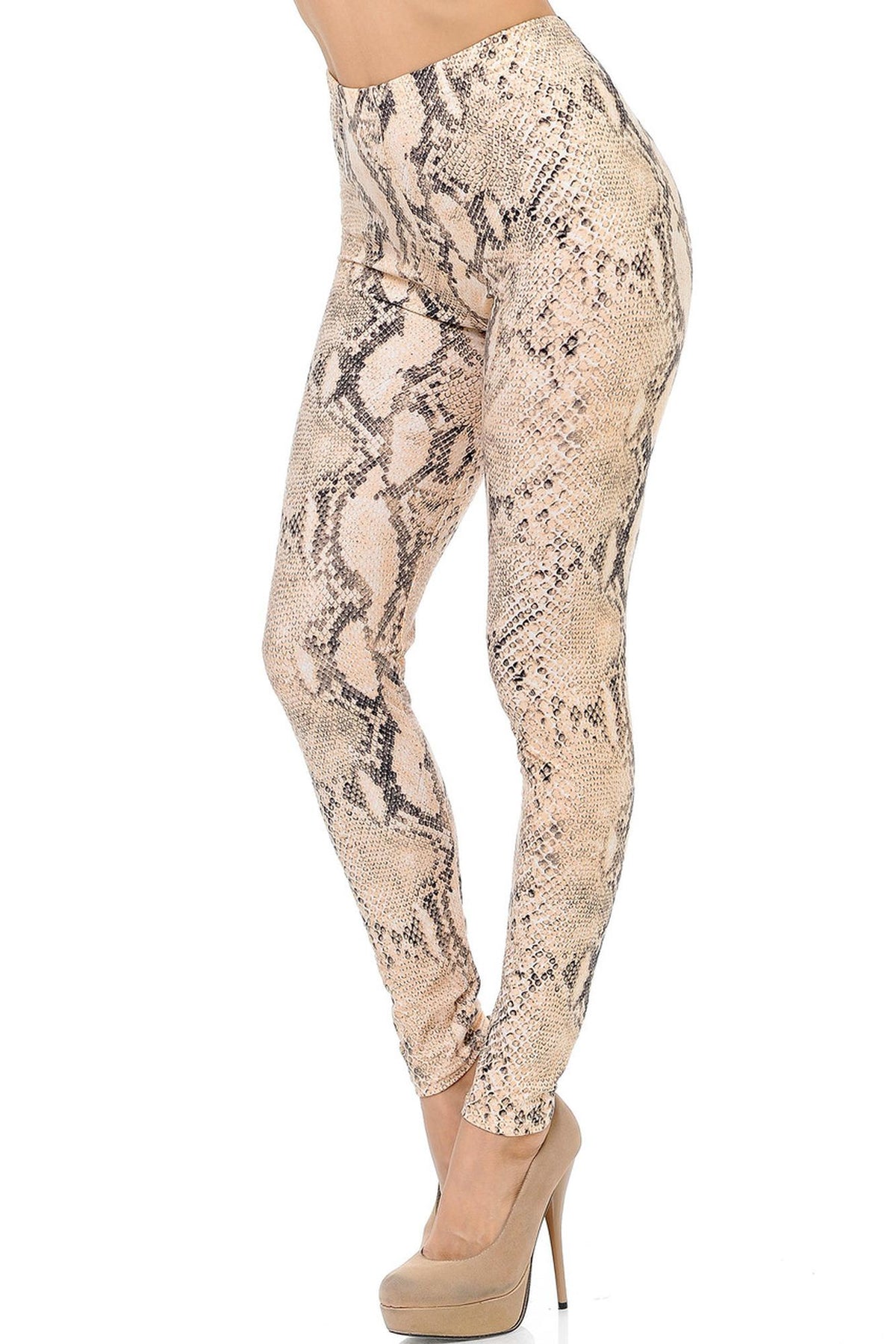 Buttery Soft Cream Snakeskin Plus Size Leggings (One Size Plus,Beige)