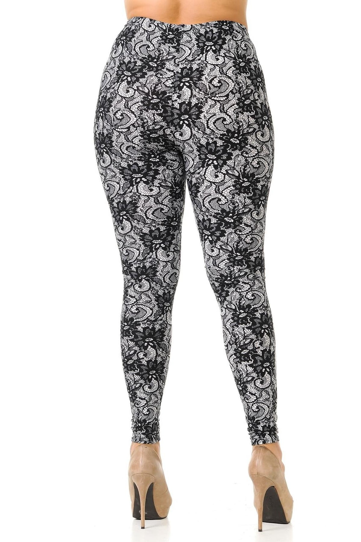 Buttery Soft Sassy Lace Print Plus Size Leggings (One Size Plus,Charcoal)