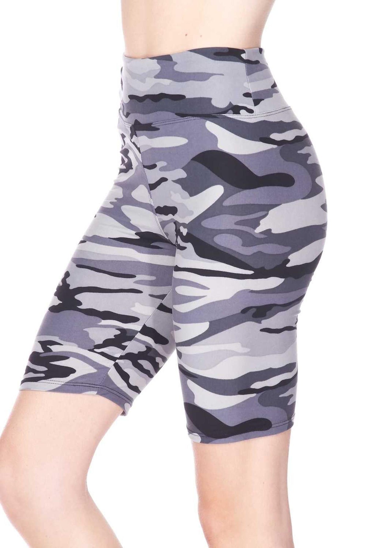 Buttery Soft Charcoal Camouflage Plus Size Biker Shorts - 3 Inch Waist Band (One Size Plus,Charcoal)