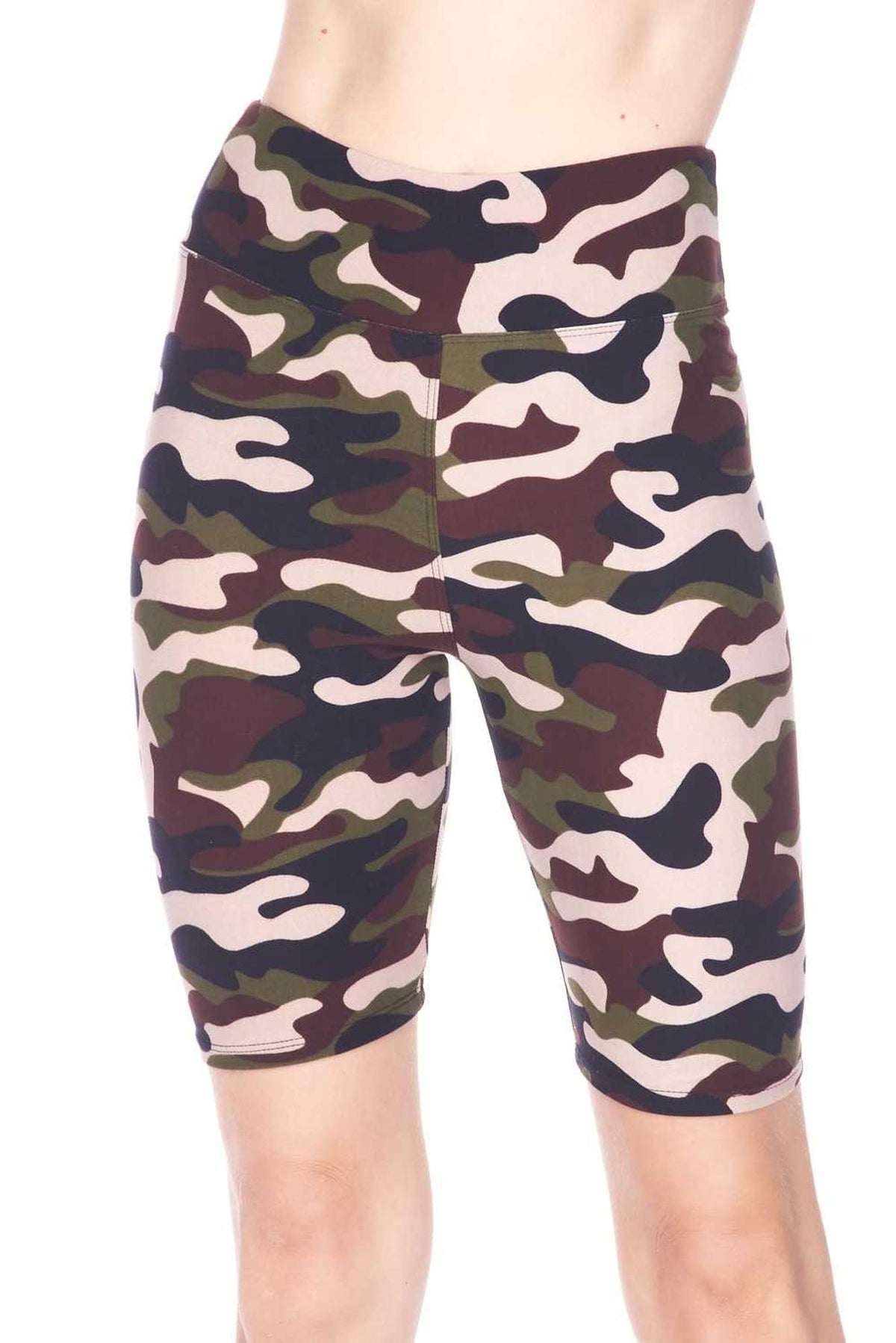Buttery Soft Flirty Camouflage Biker Plus Size Shorts - 3 Inch Waist Band (One Size Plus,Brown)