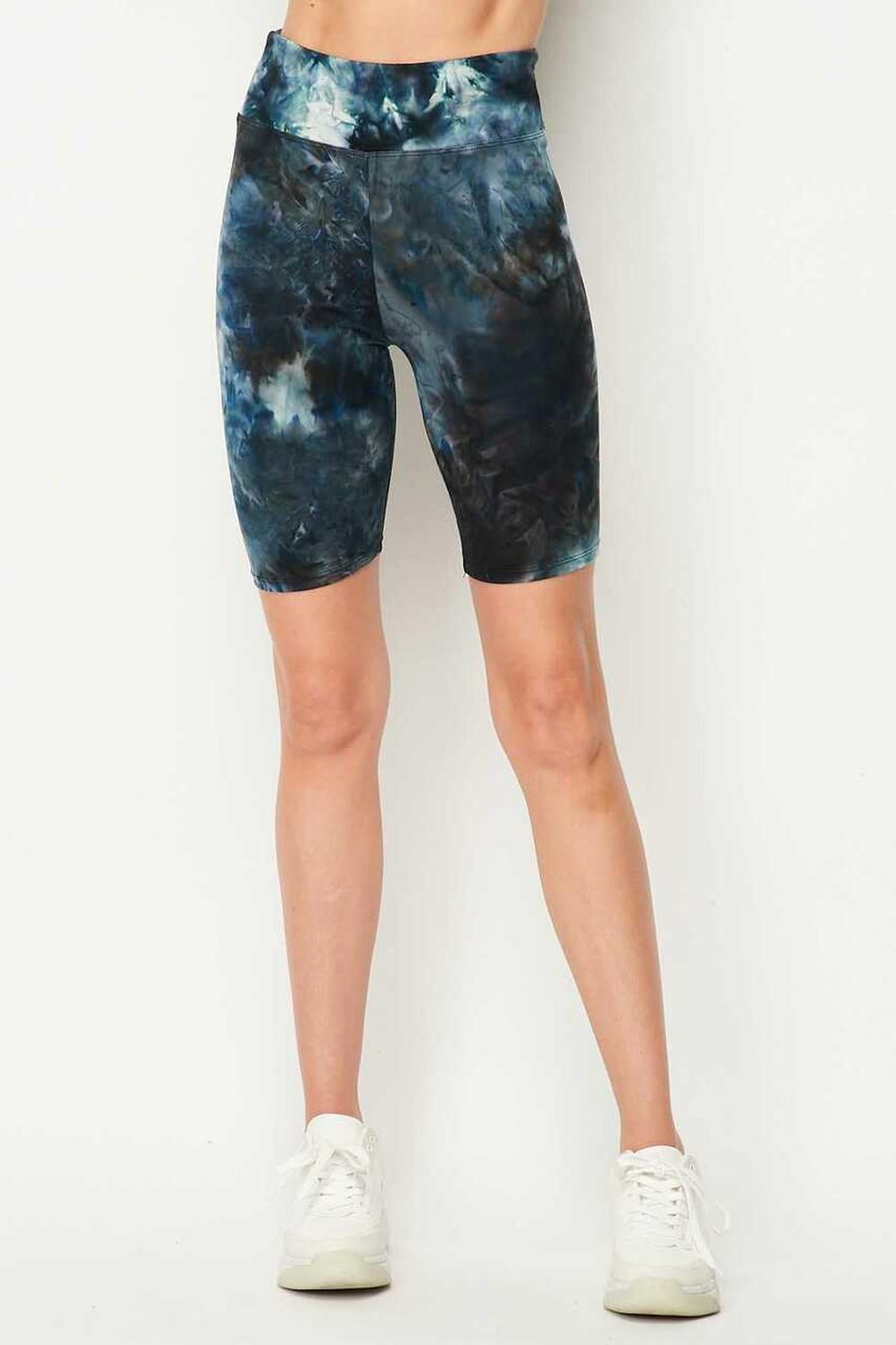 Buttery Smooth Steel Blue Tie Dye High Waisted Plus Size Biker Shorts - 3 Inch Waist