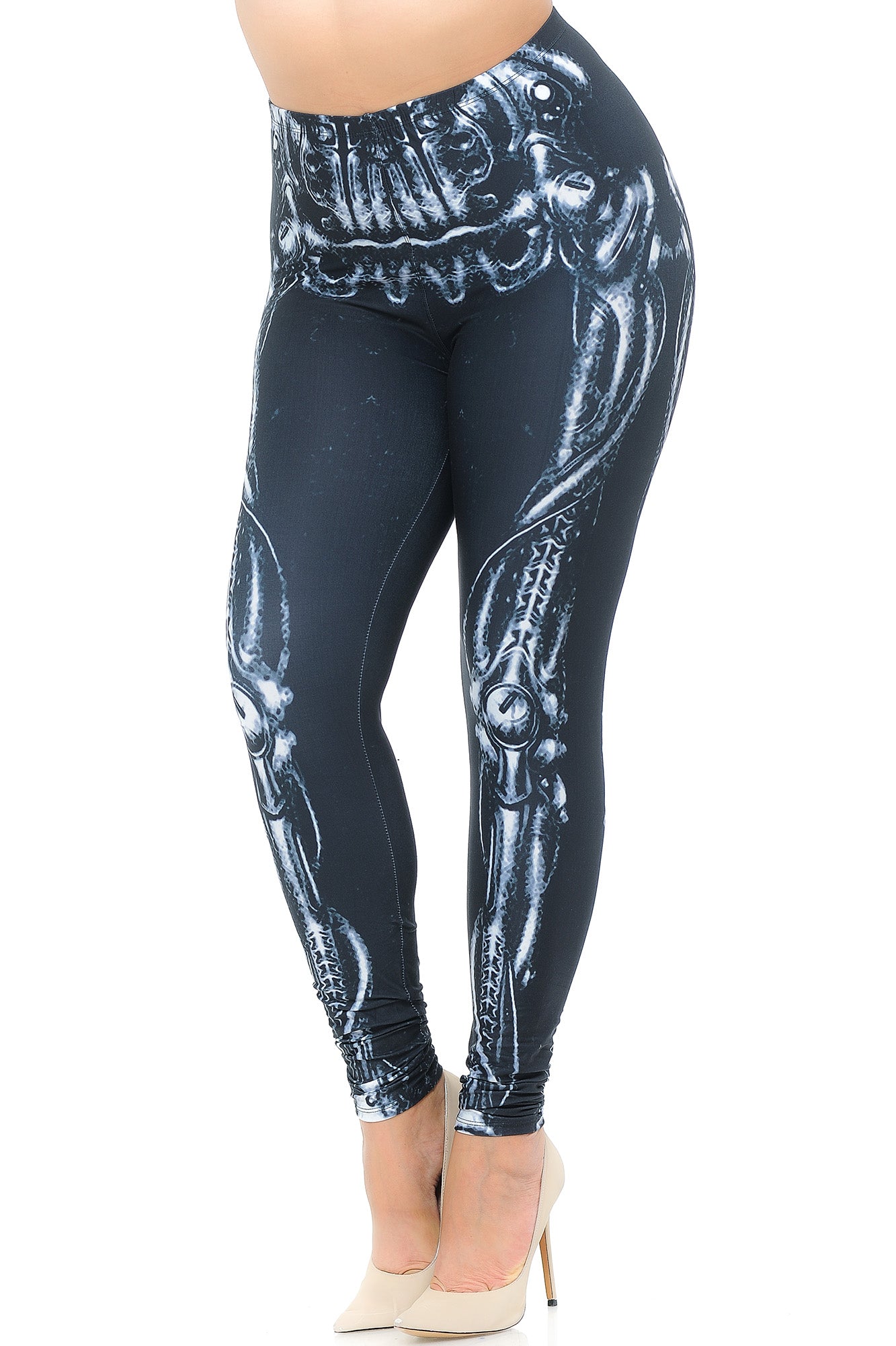 Creamy Soft Black Bio Mechanical Skeleton Plus Size Leggings (Steam Punk) - USA Fashion (One Size Plus,Black)