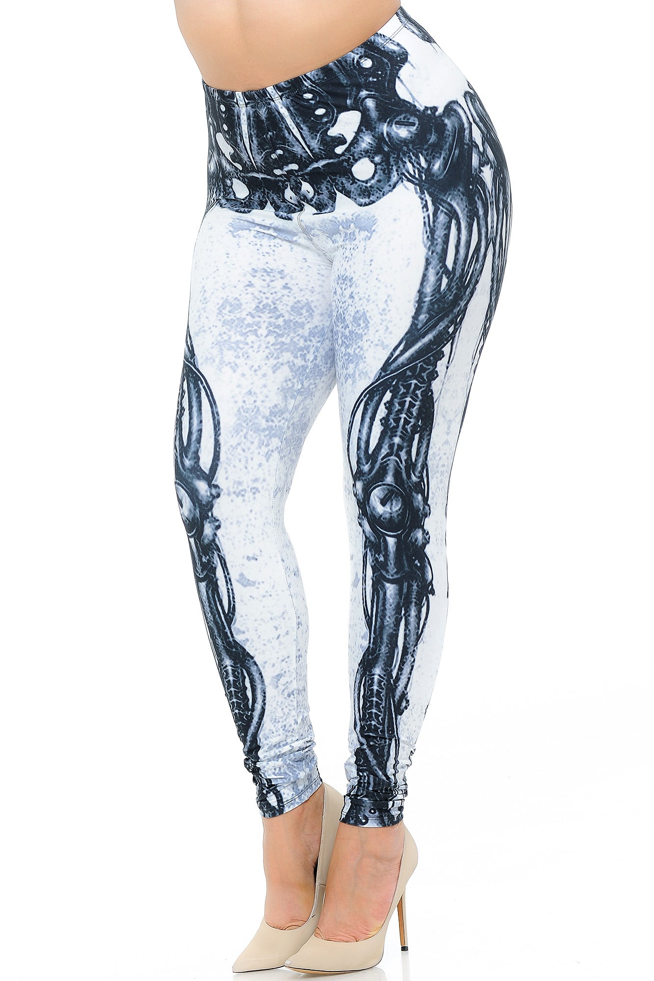 Creamy Soft White Bio Mechanical Skeleton Plus Size Leggings (Steam Punk) - USA Fashion (One Size Plus,White)