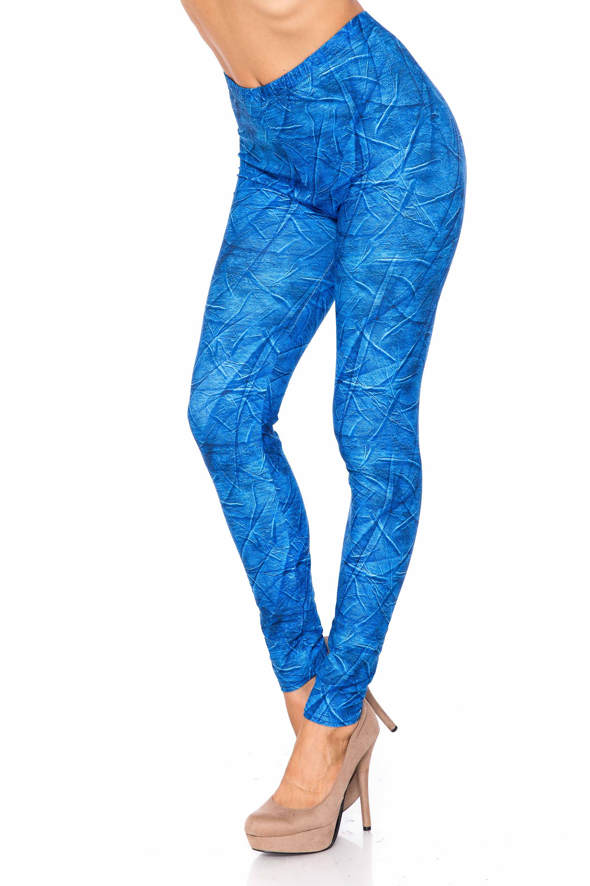 Creamy Soft Blue Wrinkled Denim Plus Size Leggings - USA Fashion (One Size Plus,Blue)