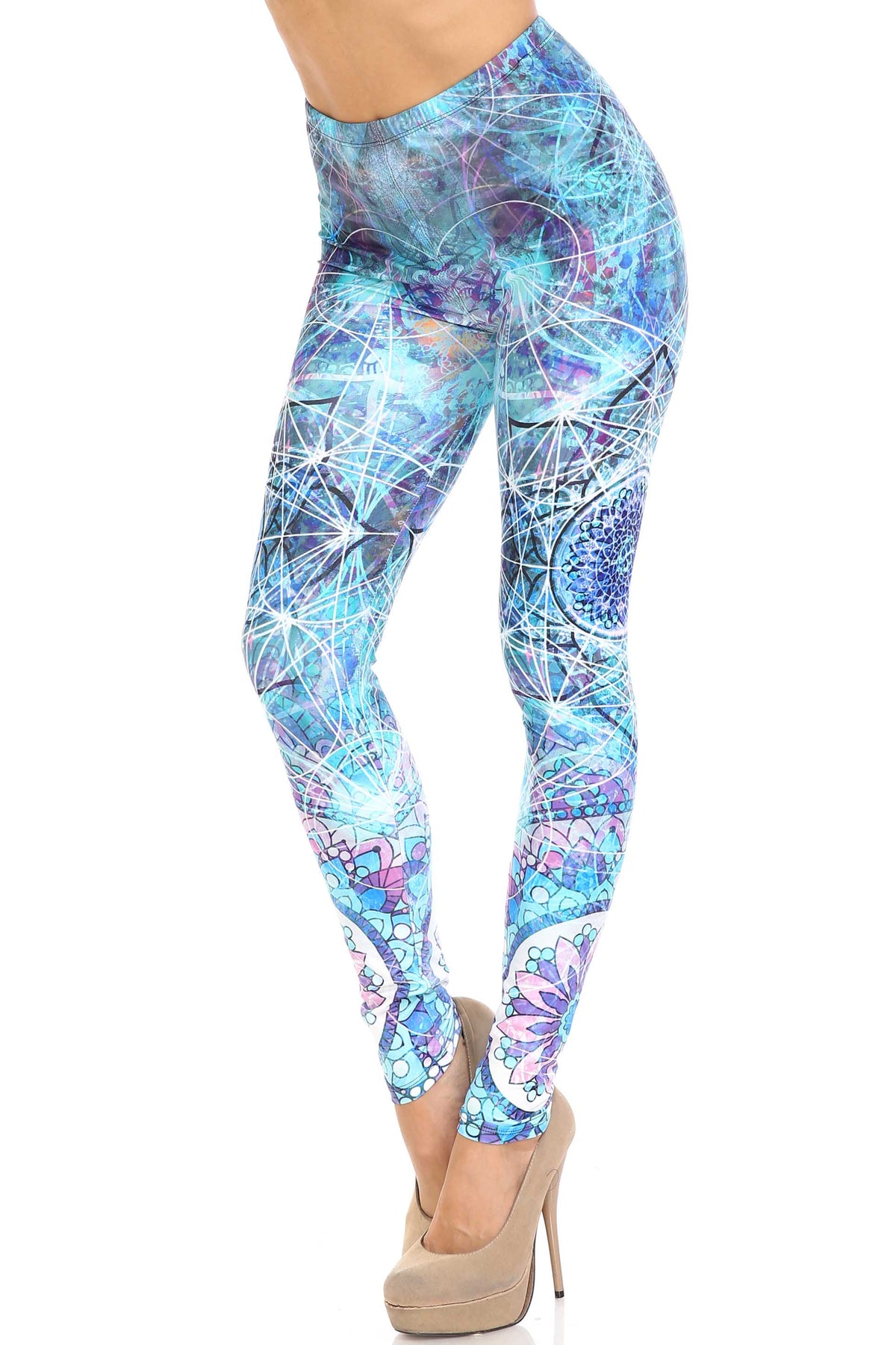 Creamy Soft Cyan Mandala Plus Size Leggings - USA Fashion (One Size Plus,Blue)