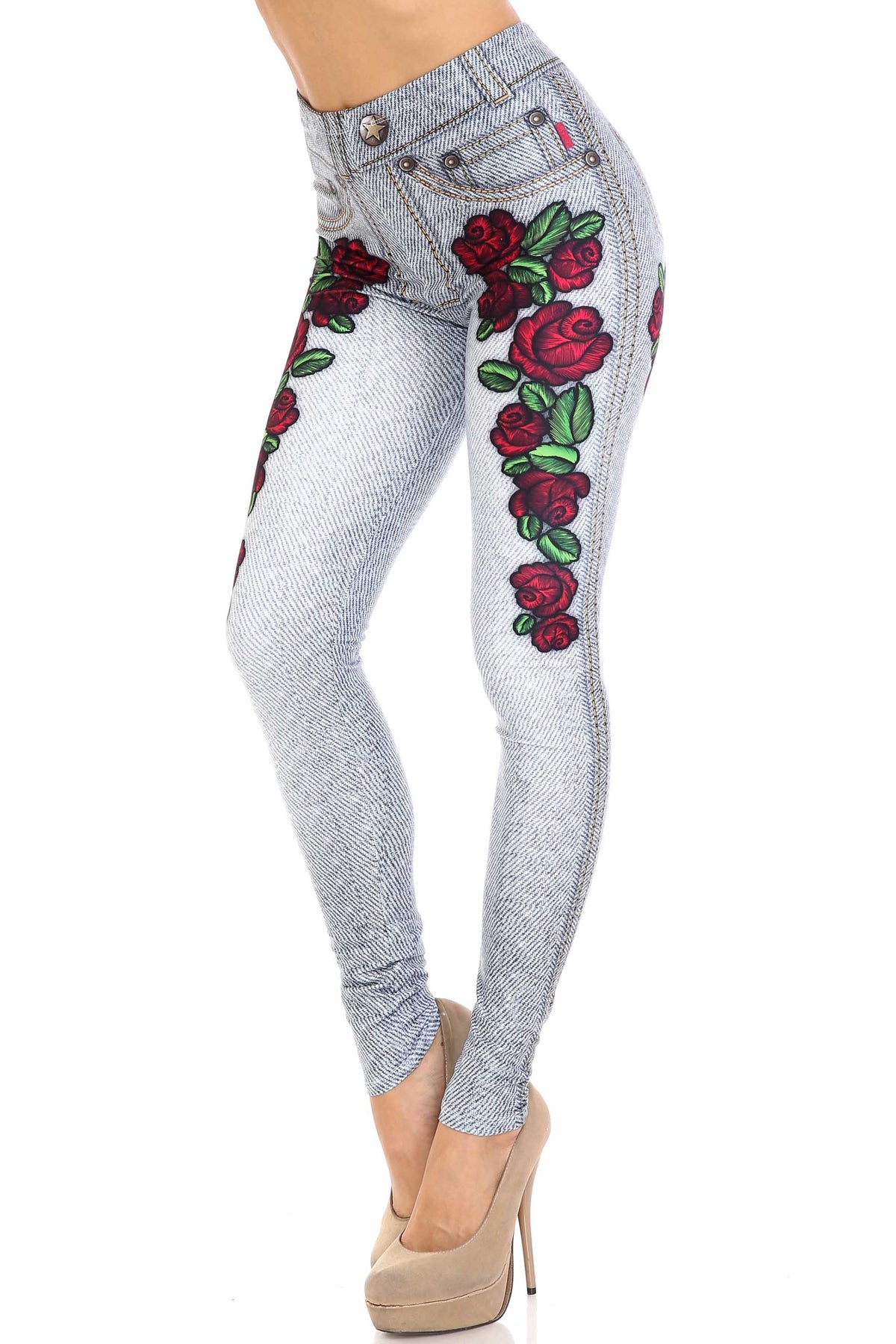 Creamy Soft Light Blue Denim Rose Plus Size Leggings - By USA Fashion (One Size Plus,Blue)