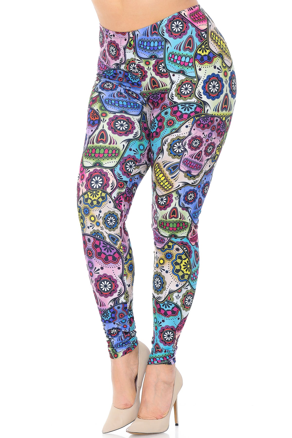Creamy Soft Sugar Skull Plus Size Leggings - USA Fashion (One Size Plus,Multi Color Bold)