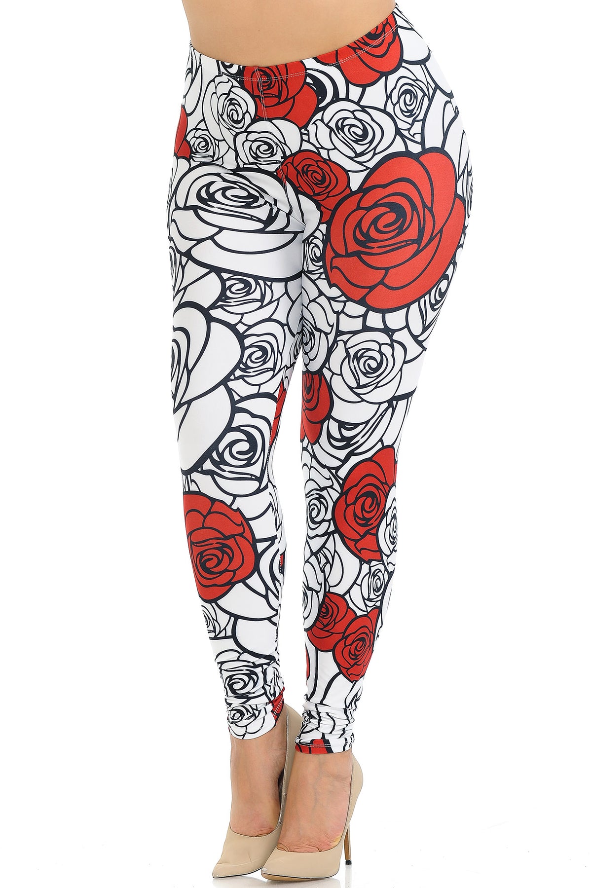 Creamy Soft Red Stencil Roses Plus Size Leggings - USA Fashion (One Size Plus,White)
