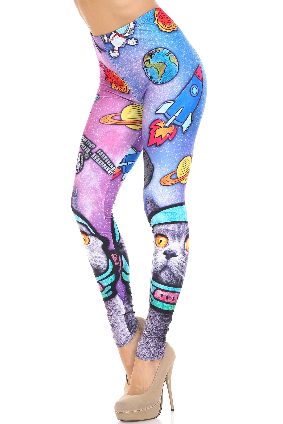 Creamy Soft Space Cat Plus Size Leggings - USA Fashion (One Size Plus,Blue)