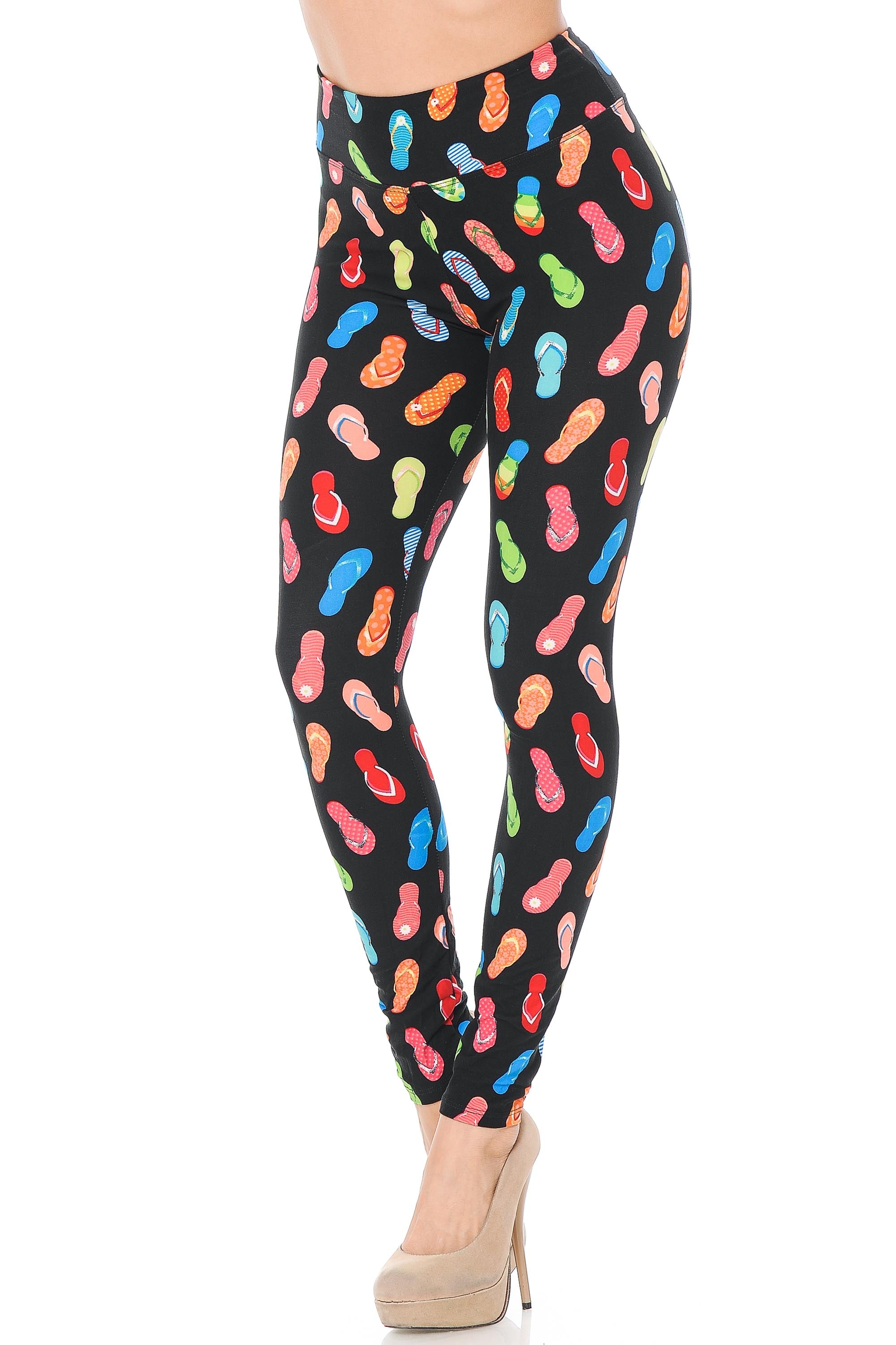 Buttery Soft Summer Beach Sandals High Waisted Plus Size Leggings (One Size Plus,Black)