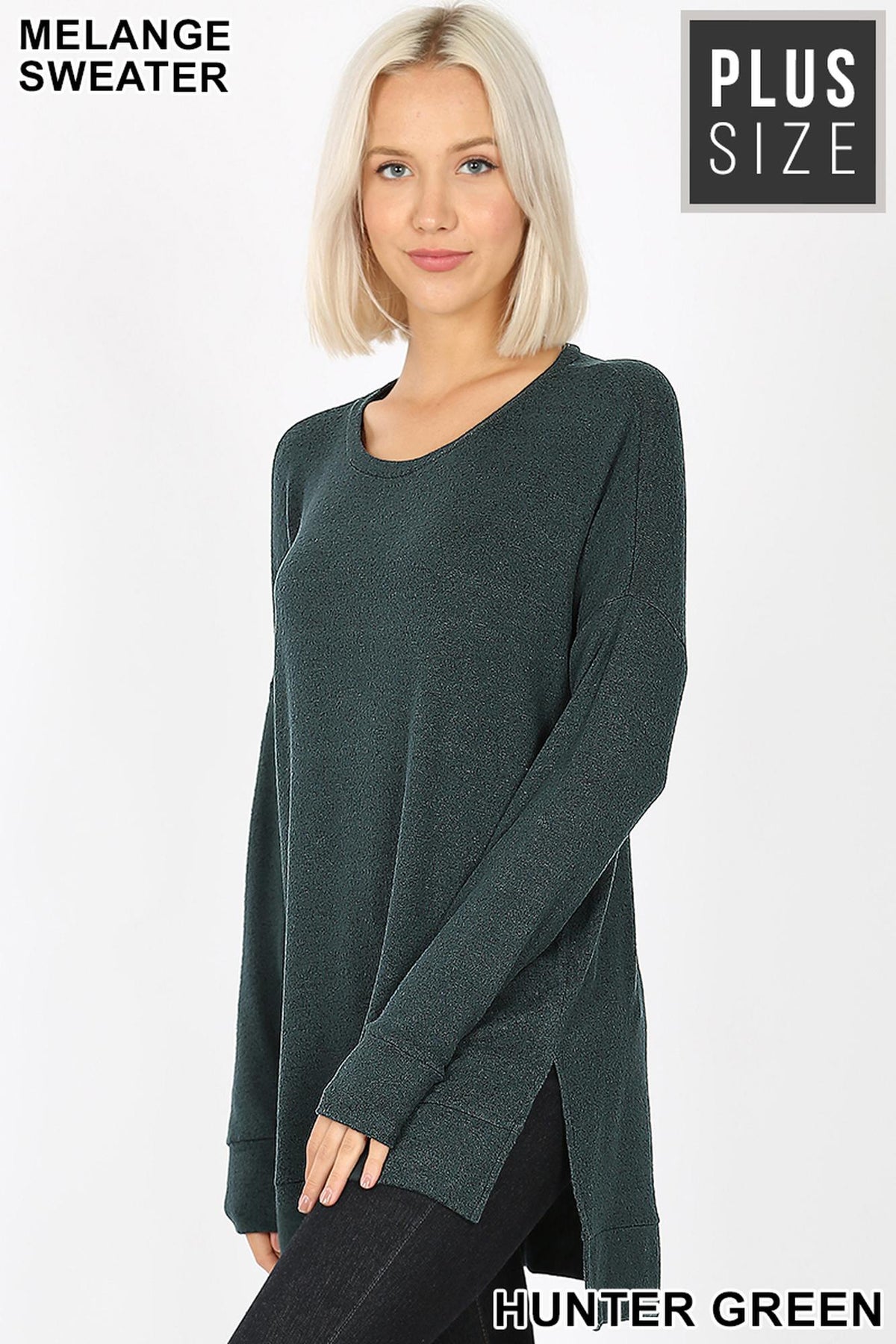 Brushed Melange Round Neck HI-LOW Plus Size Top