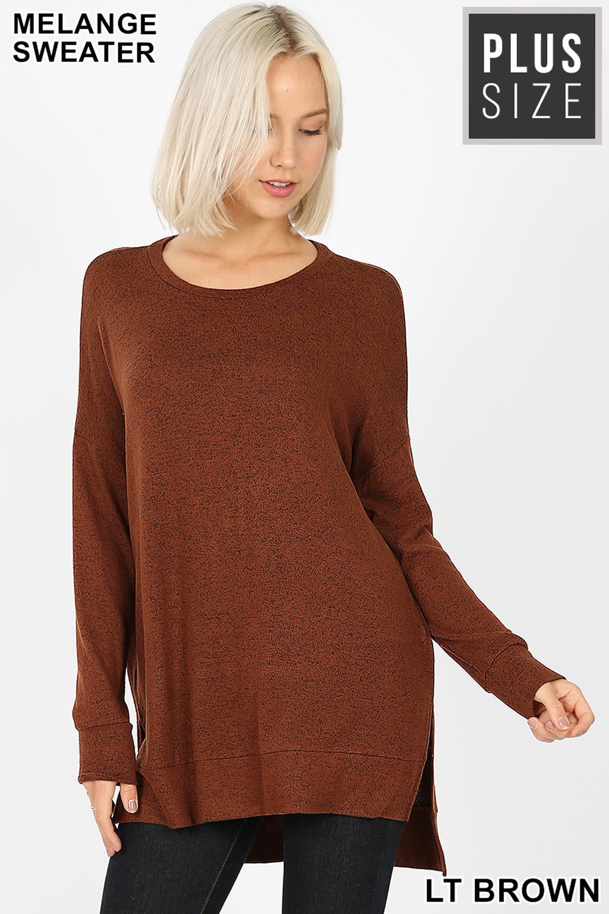 Brushed Melange Round Neck HI-LOW Plus Size Top