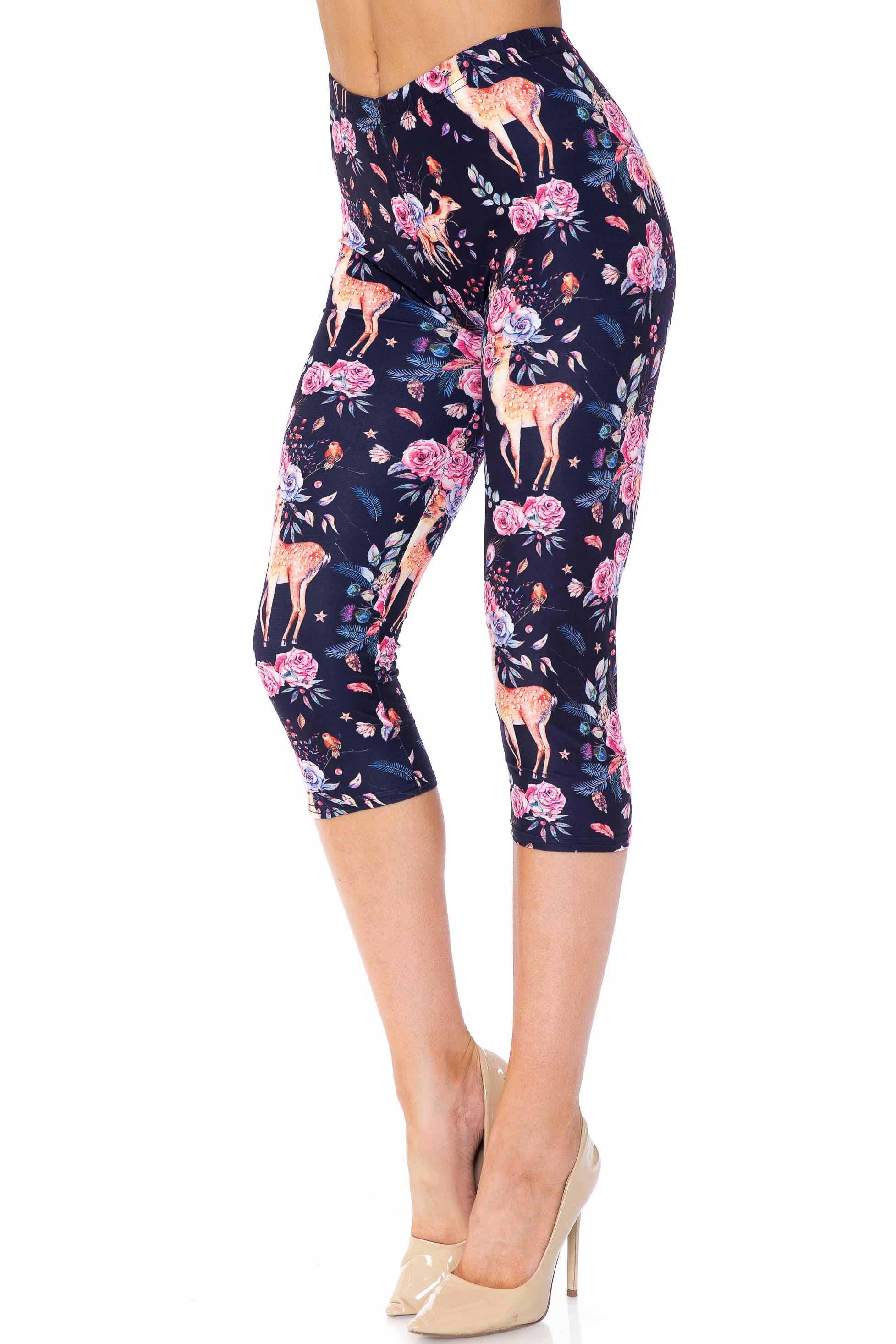 Creamy Soft Woodland Floral Fawn Capris - USA Fashion (One Size Regular,Black)