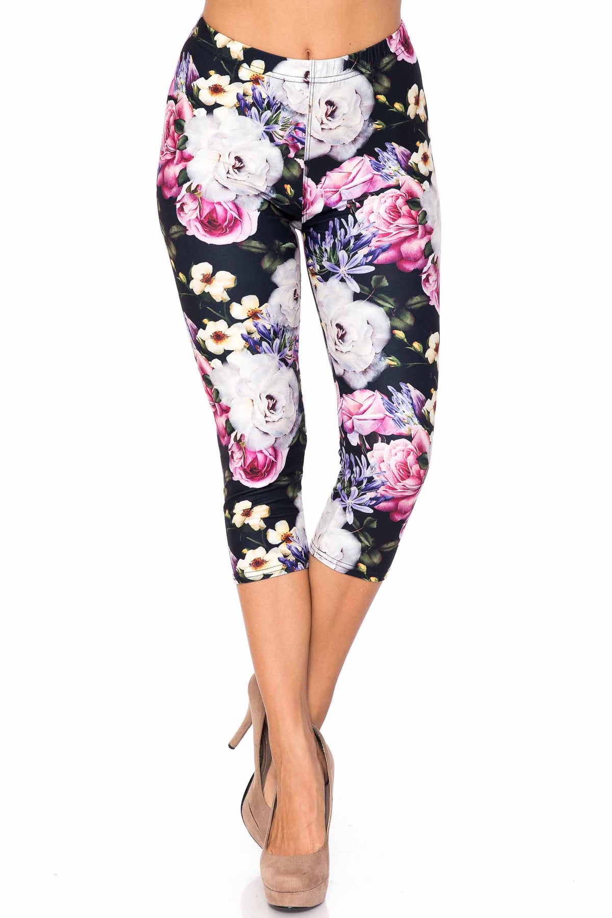 Creamy Soft Floral Garden Bouquet Capris - USA Fashion (One Size Regular,White)