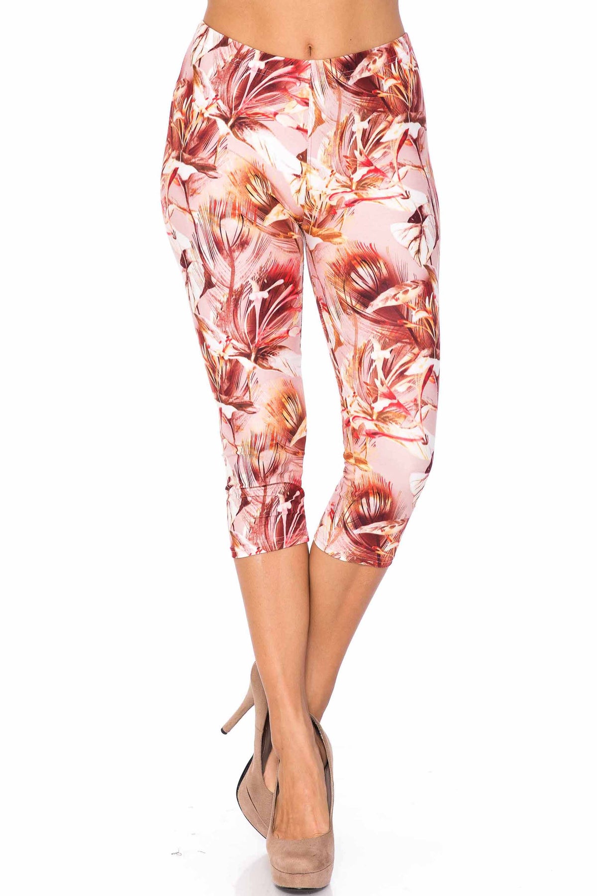 Creamy Soft Mocha Floral Capris - USA Fashion (One Size Regular,Brown)