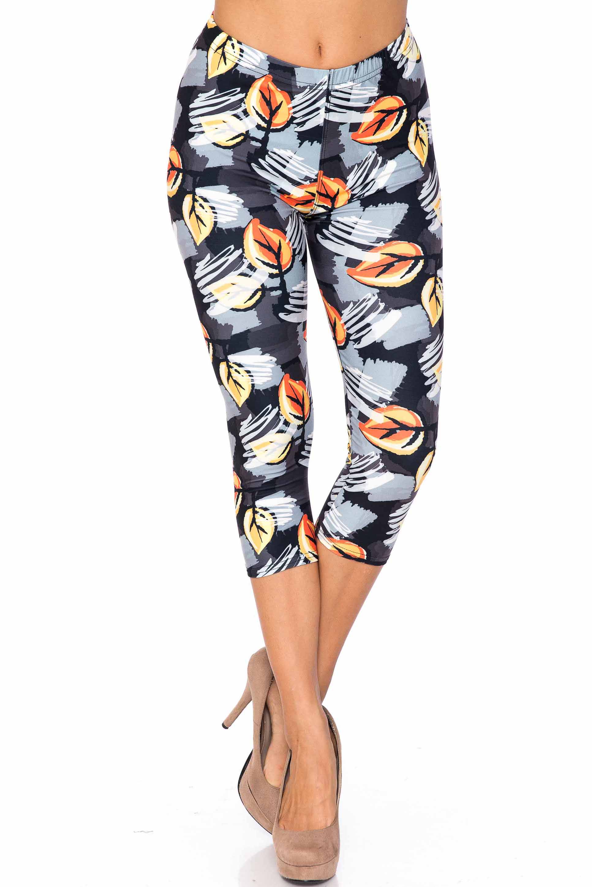 Creamy Soft Orange Leaf Breeze Capris - USA Fashion (One Size Regular,Charcoal)