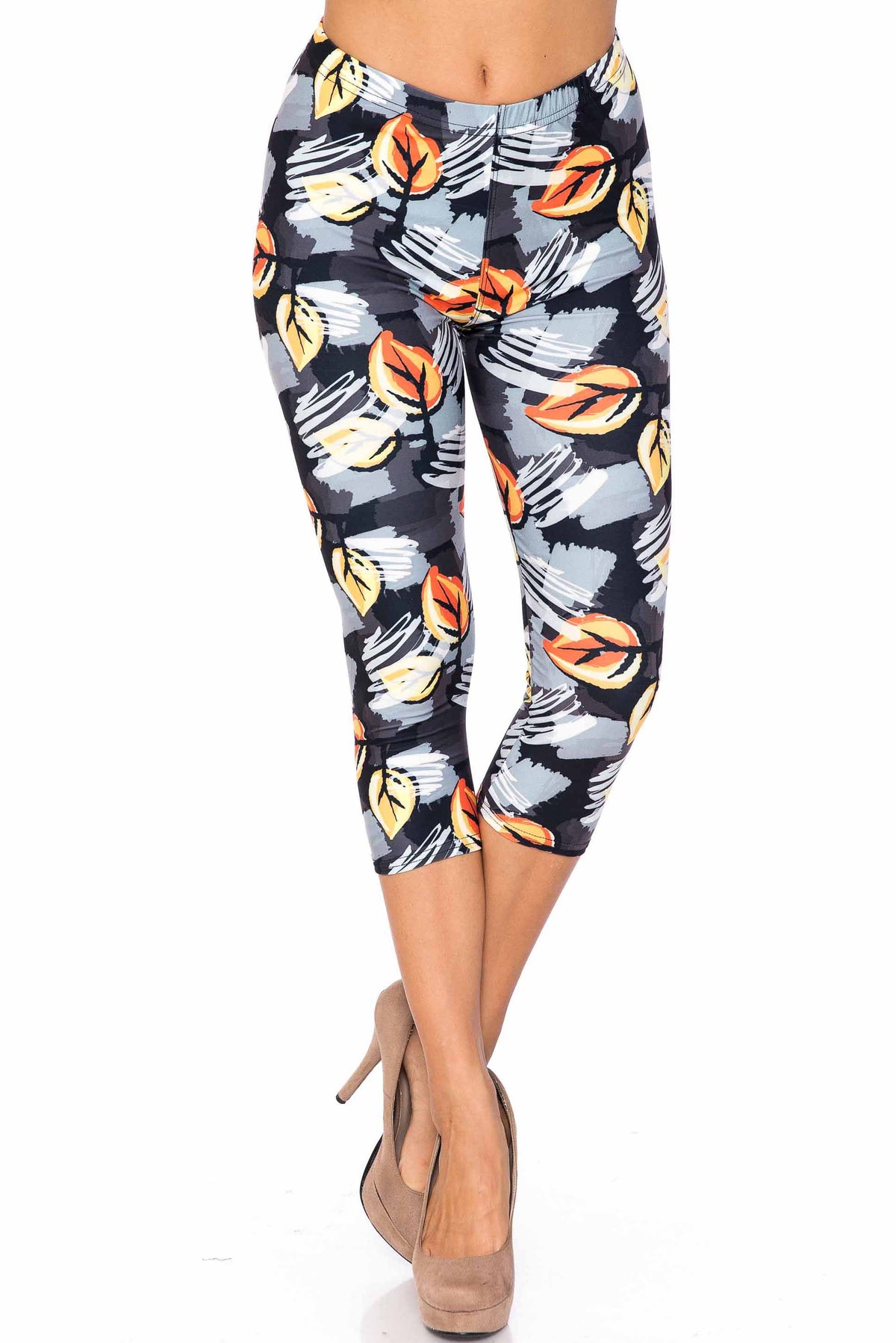 Creamy Soft Orange Leaf Breeze Capris - USA Fashion (One Size Regular,Charcoal)