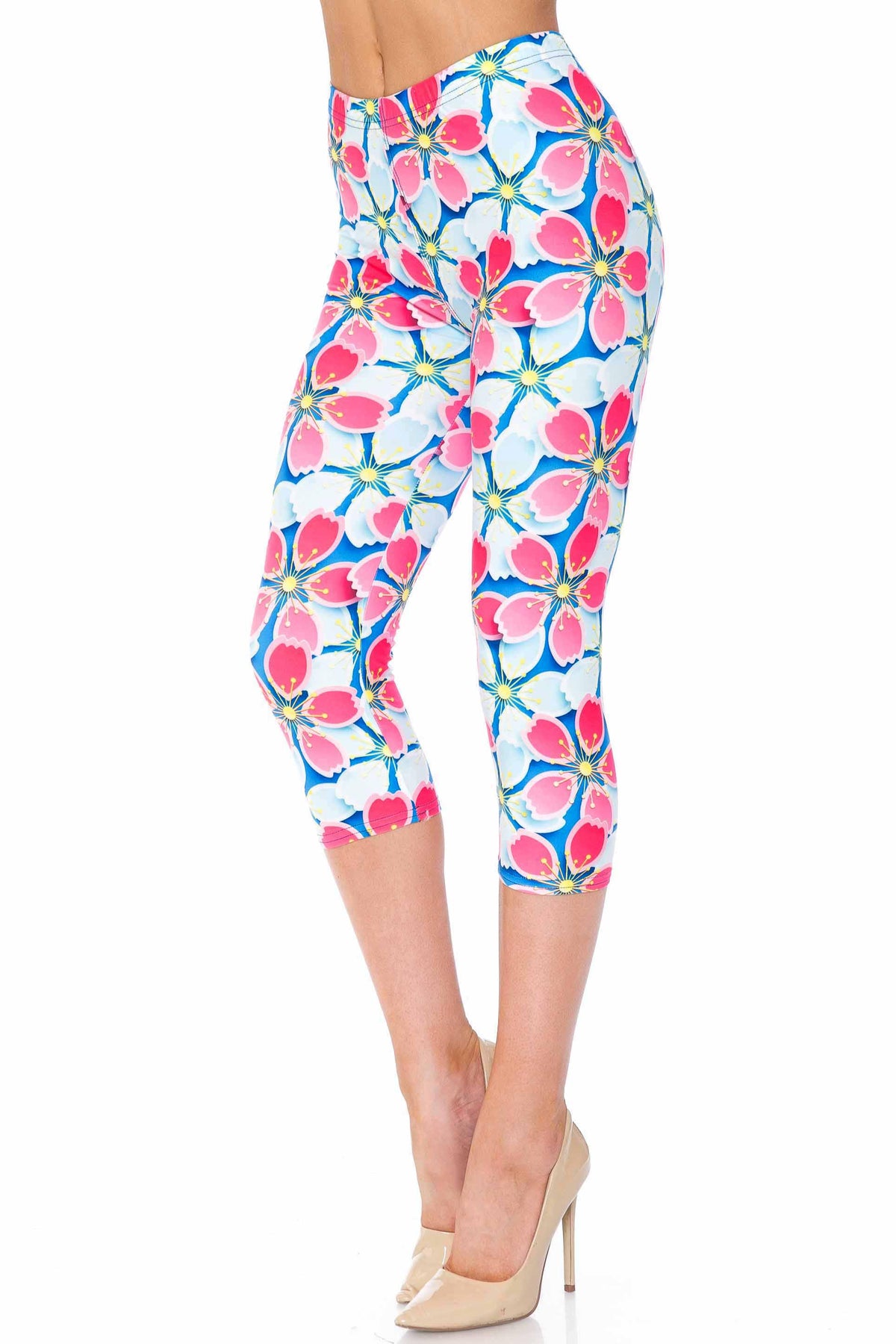 Creamy Soft Pink and Blue Sunshine Floral Capris - USA Fashion (One Size Regular,Pink)