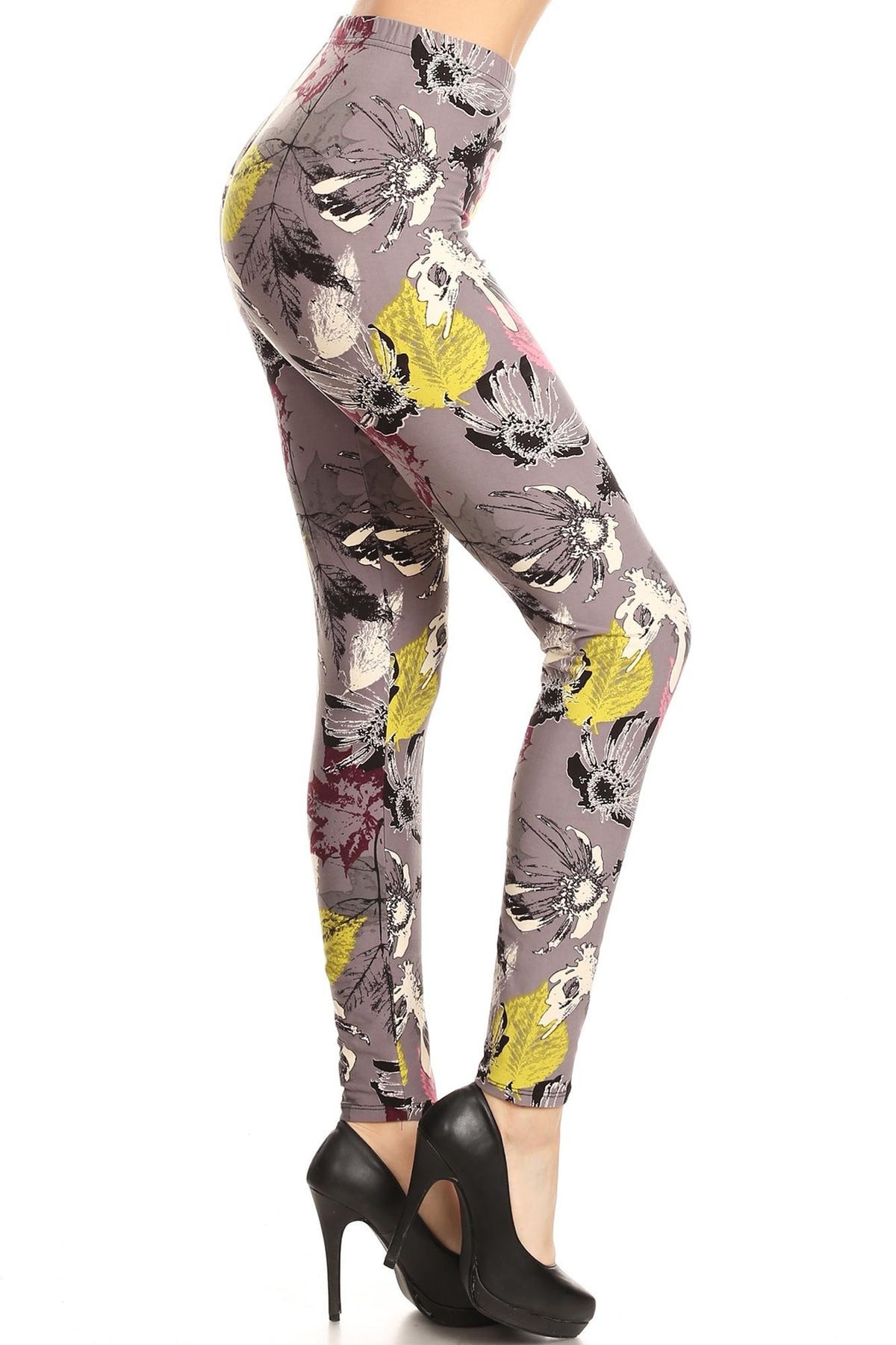 Buttery Soft Fall Leaf Floral Leggings (One Size Regular,Charcoal)