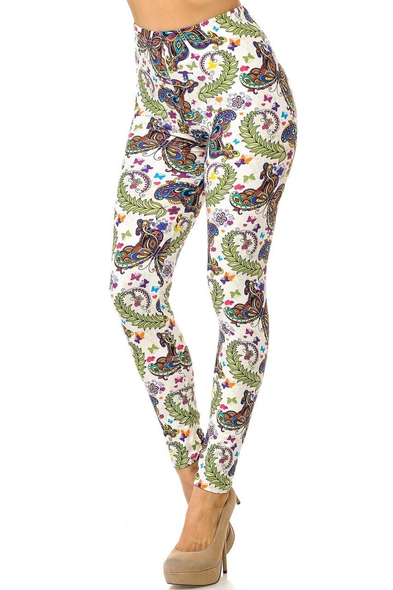 Buttery Soft Dainty Ivory Butterfly Leggings (One Size Regular,Ivory)