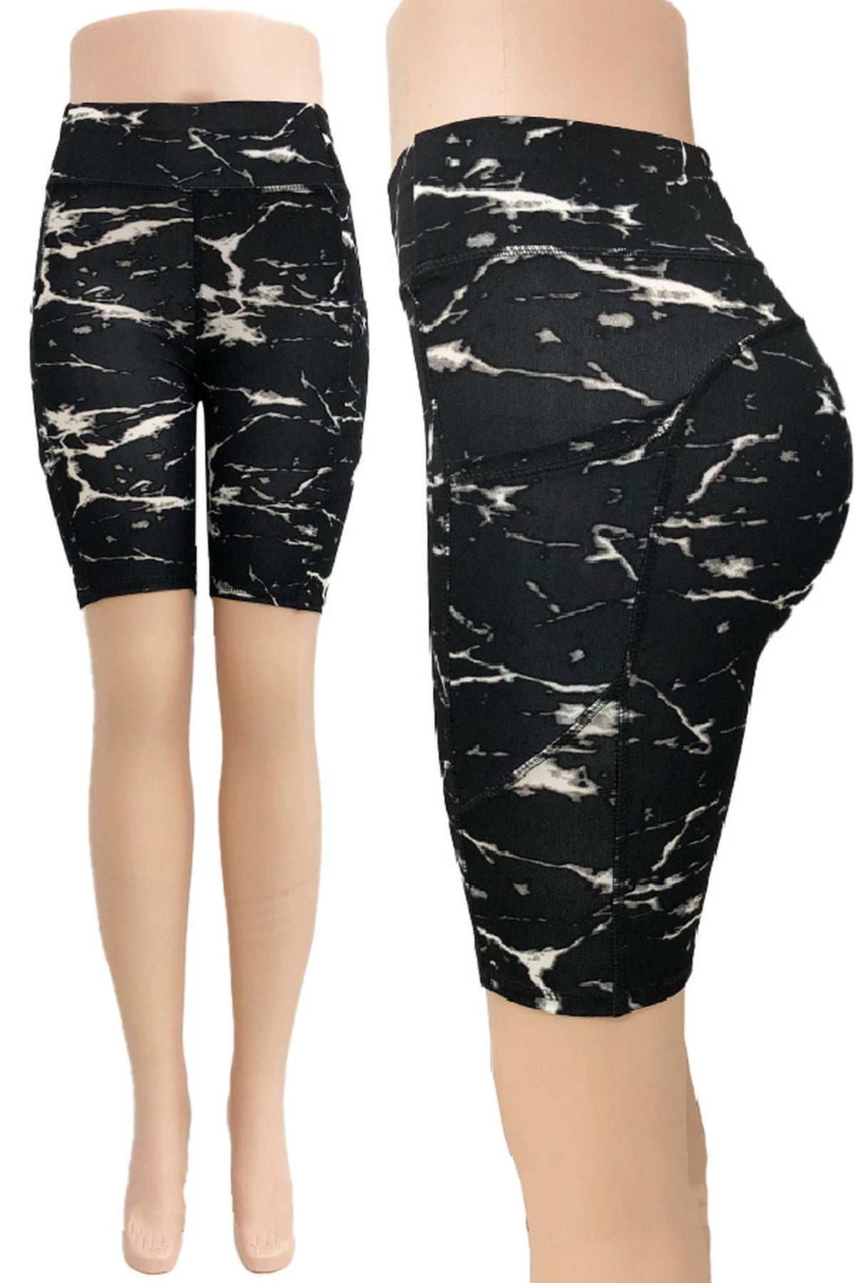 Black Marble High Waist Sport Biker Shorts with Side Pocket