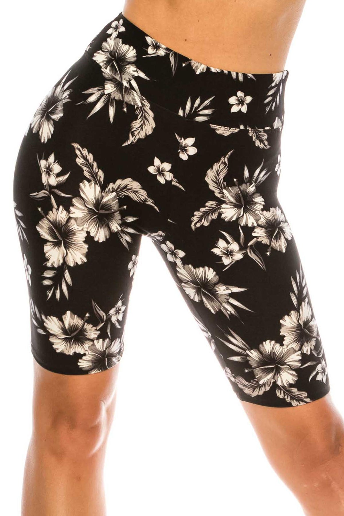 Monochrome Floral Biker Shorts - 3 Inch Waist Band