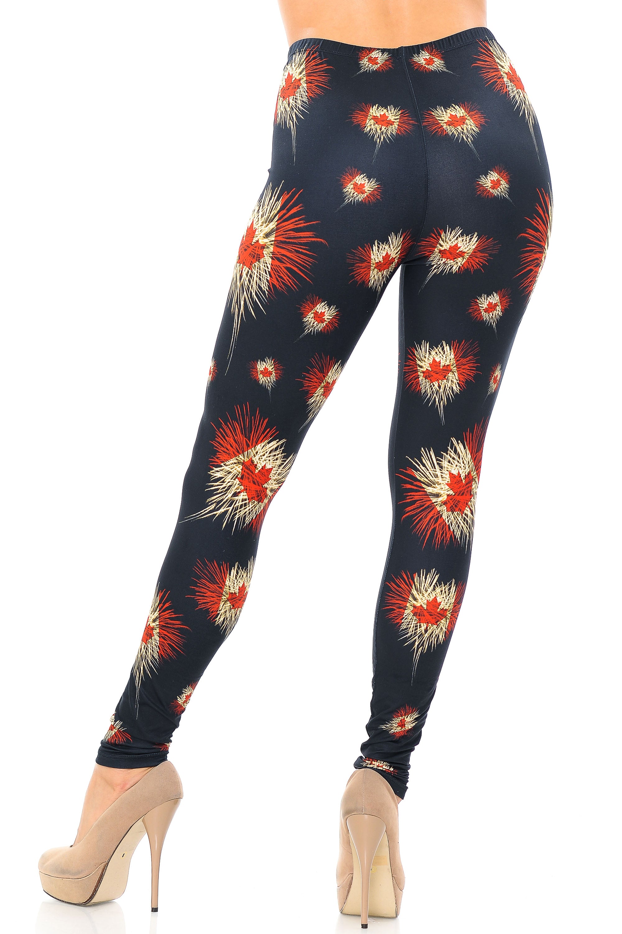 Creamy Soft Canadian Flag Fireworks Leggings - USA Fashion (One Size Regular,Black)