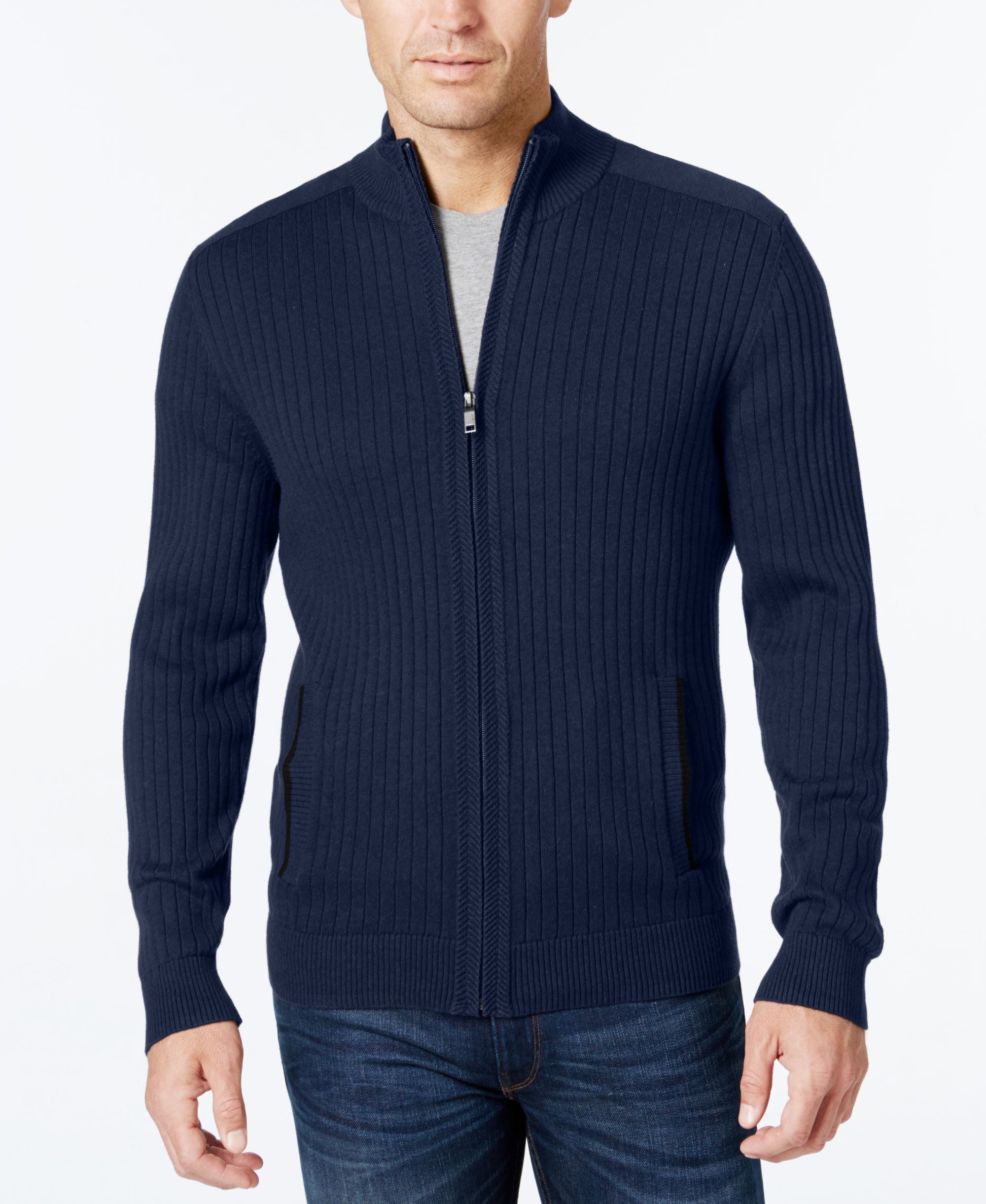 Alfani Mens Ribbed Full Zip Sweater Classic Fit