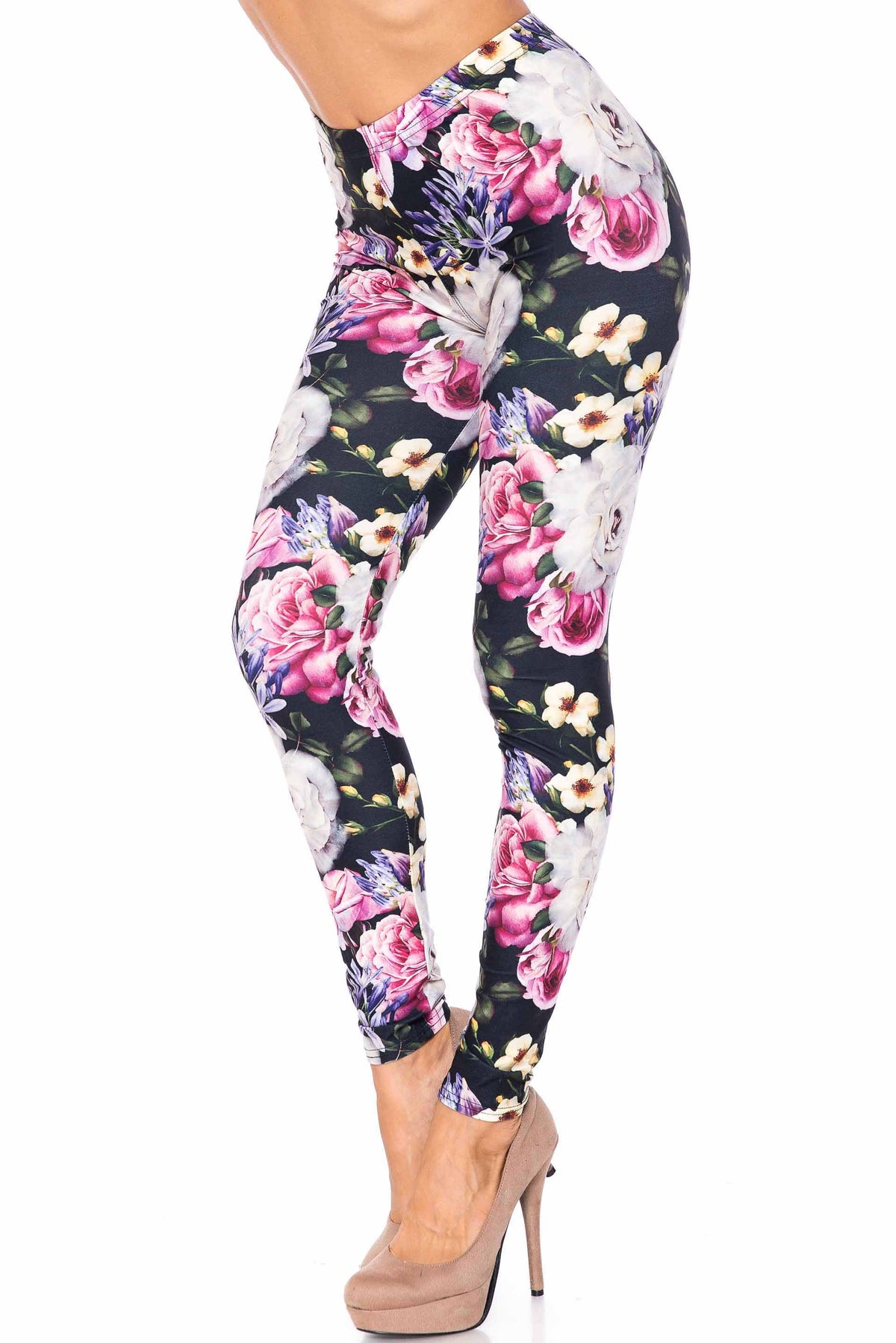 Creamy Soft Floral Garden Bouquet Leggings - USA Fashion (One Size Regular,White)