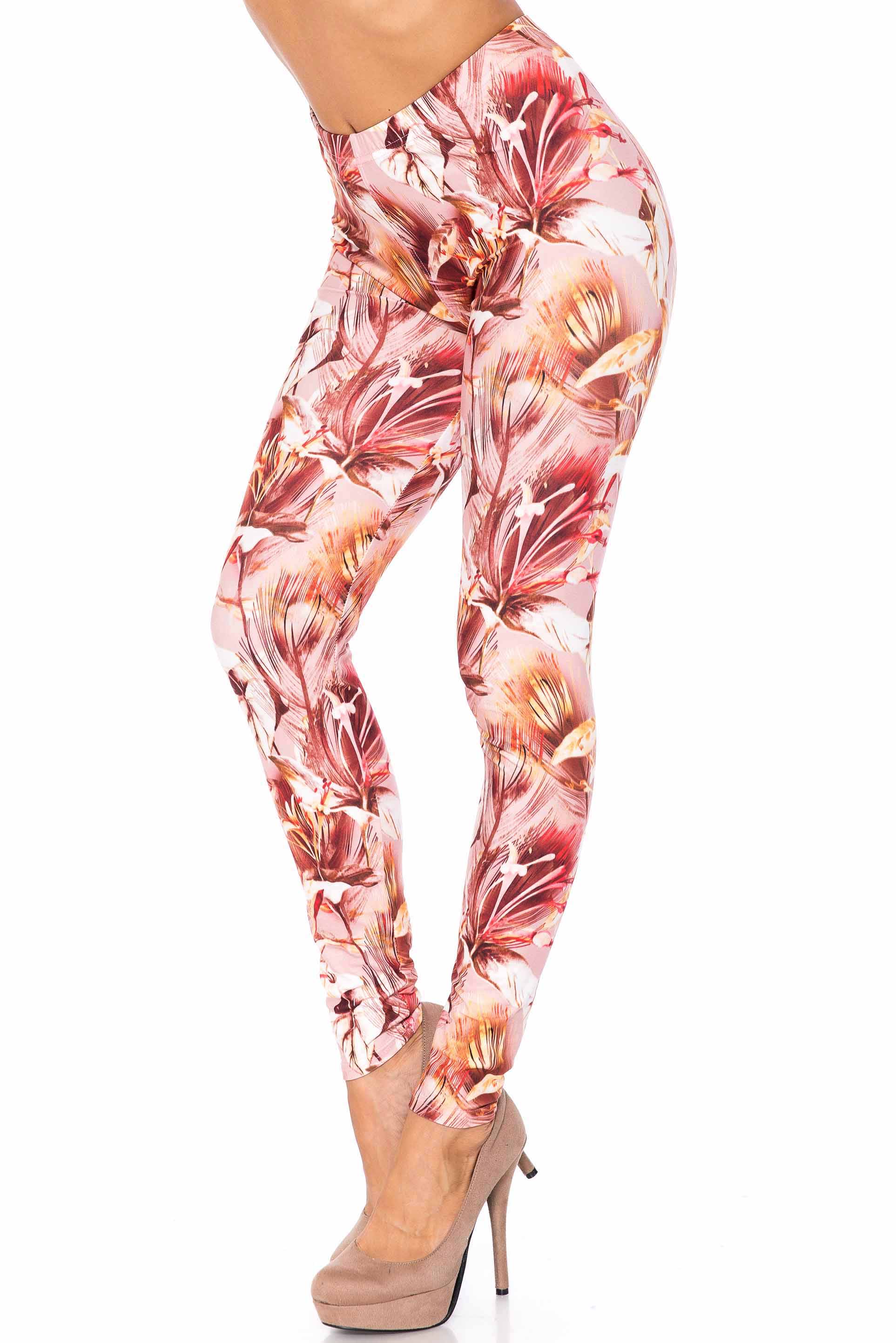 Creamy Soft Mocha Floral Leggings - USA Fashion (One Size Regular,Brown)