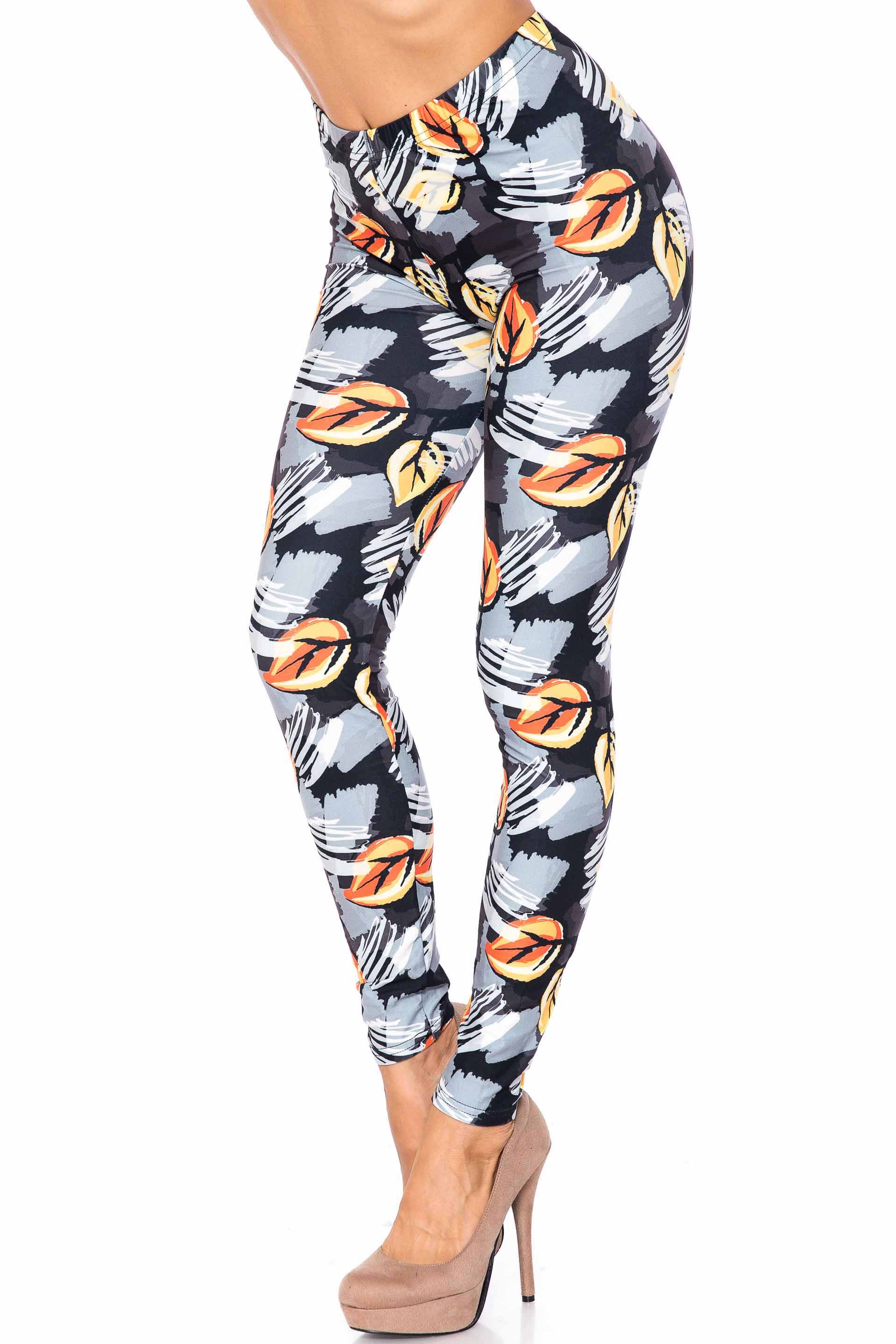 Creamy Soft Orange Leaf Breeze Leggings - USA Fashion (One Size Regular,Charcoal)