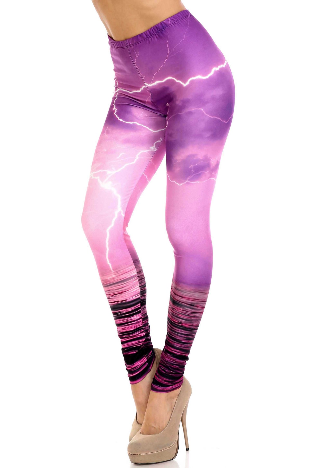 Creamy Soft Pink Lightning Storm Leggings - USA Fashion (One Size Regular,Fuchsia)